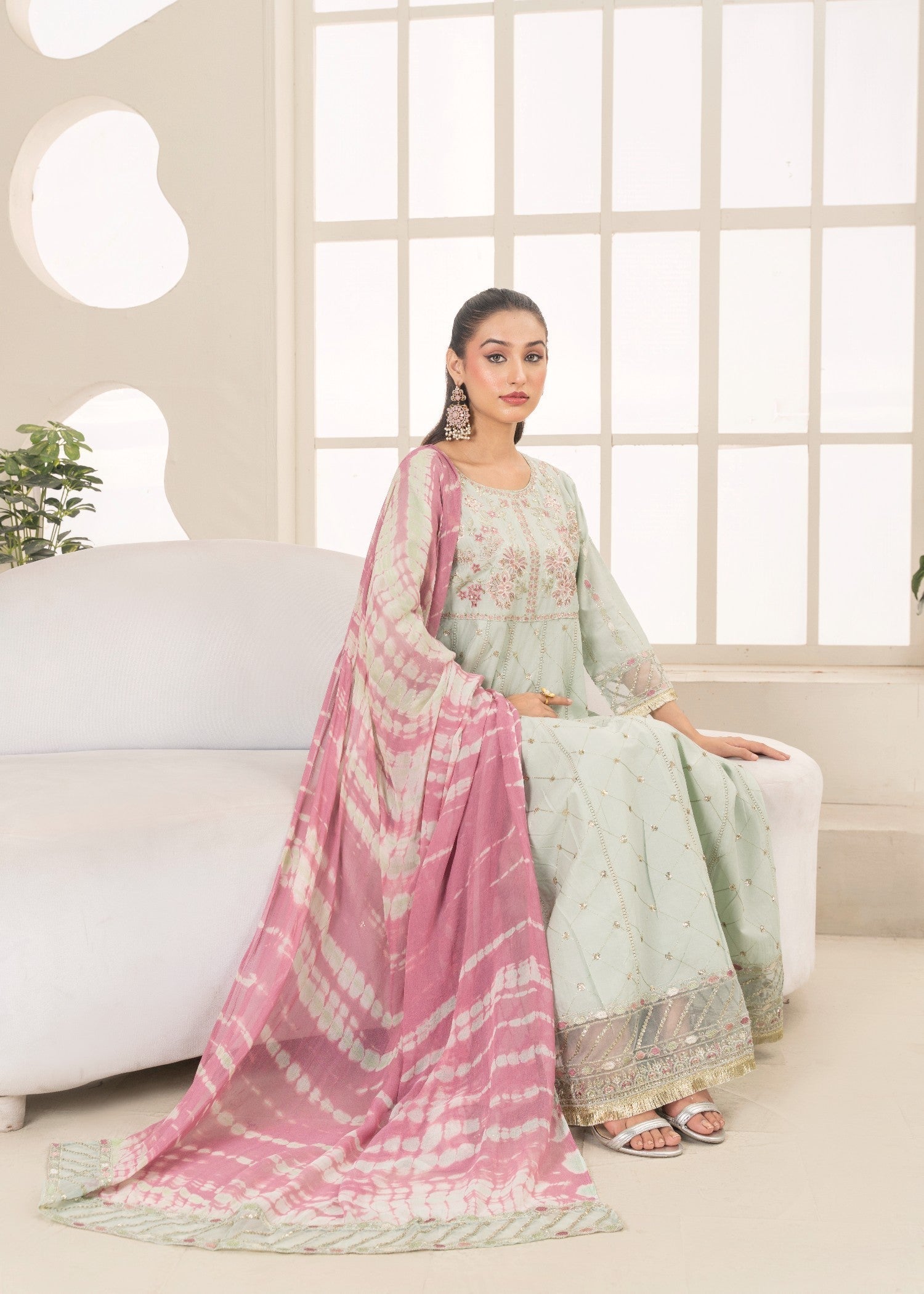 Khubsurat 3802 KH CT Tea Green Embroidery Long Frock Cotton Women 3pcs