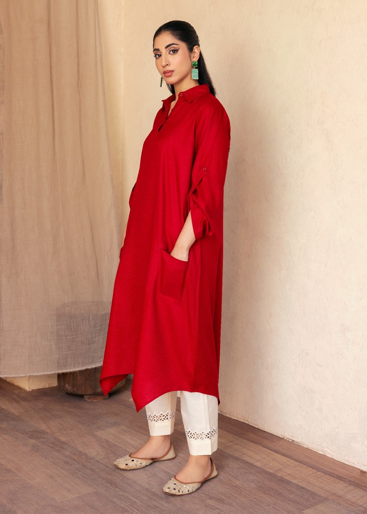 Ghonche Hot Red Long Shirt Women 1pcs