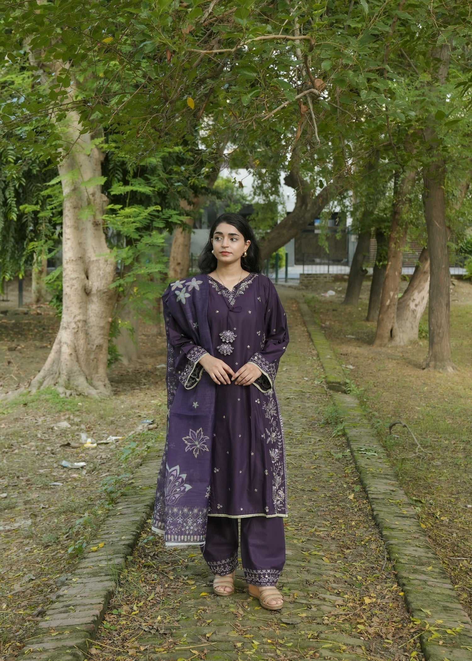 Attirepret Deep Plum Cotton Embroidered Suit Women 3pcs