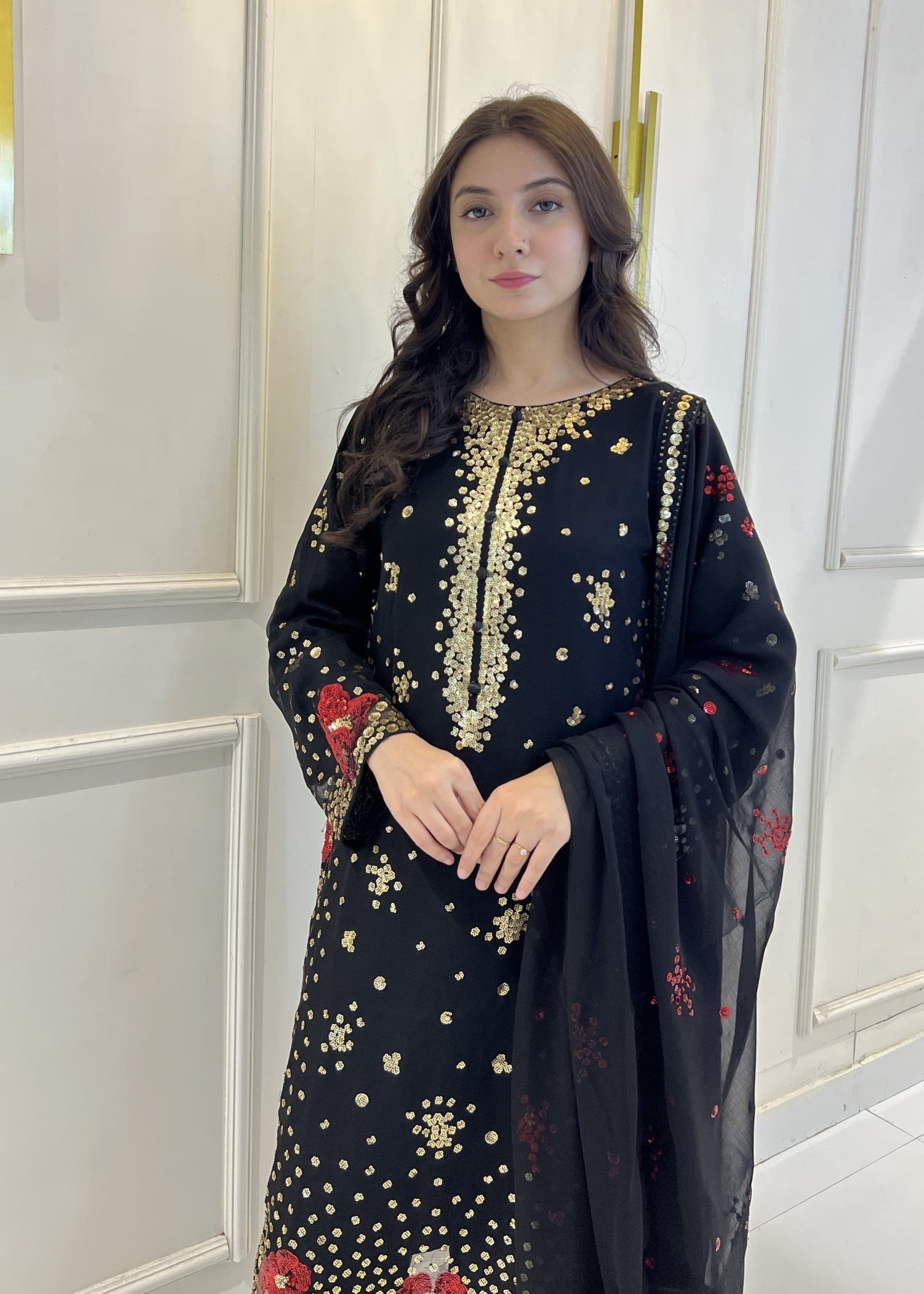 Shrenz Pret Shrenz Black Sequence Pret Chiffon Women 3pcs