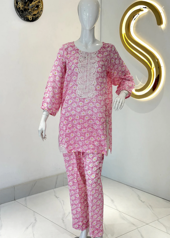 Symas Pure Lawn Printed Co Ord Set With Lace Women 2pcs