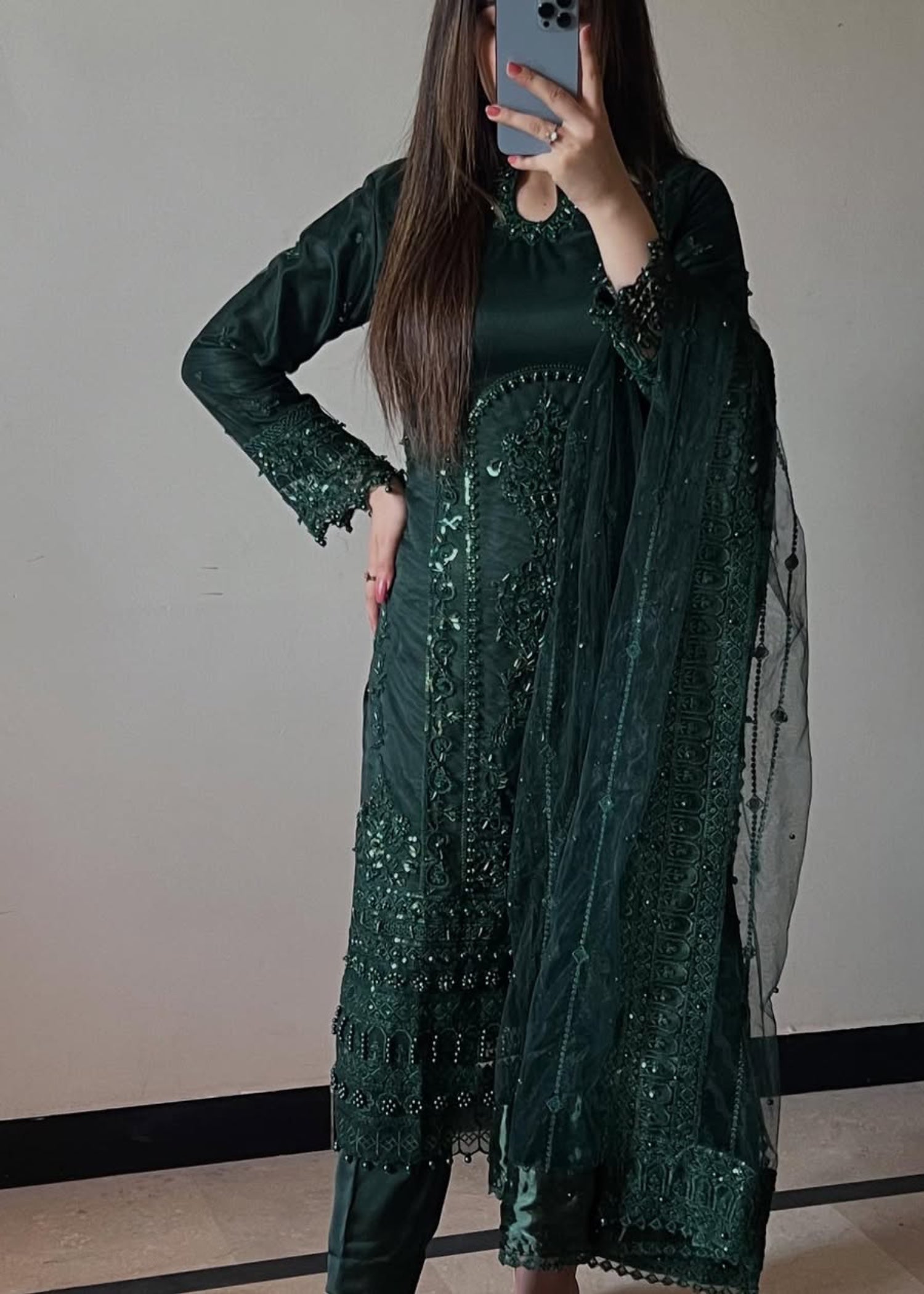 Suits By Sadia Bottle green net Women 3pcs