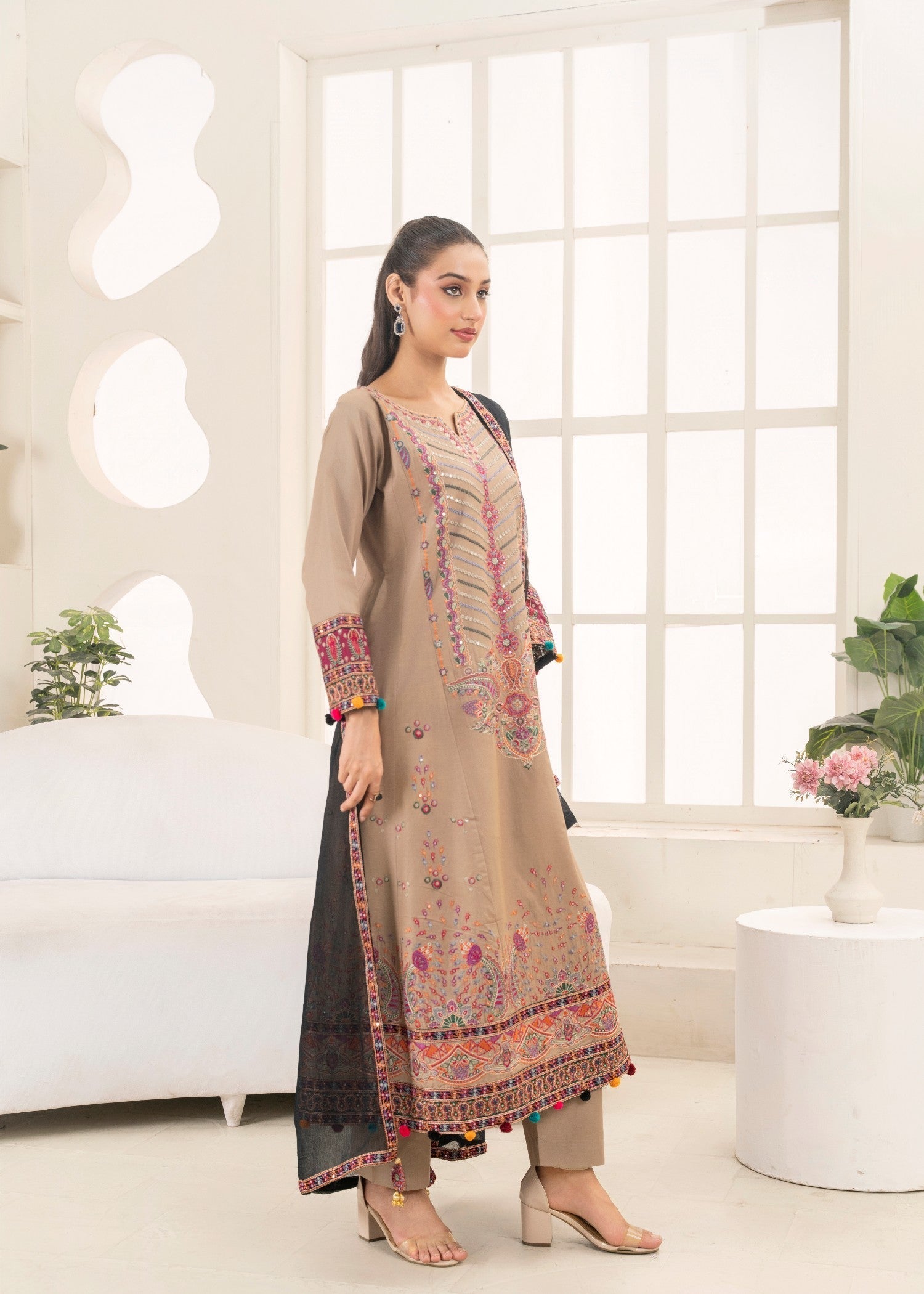 Khubsurat 4090 KH CT Almon Brown Embroidery Pishwas Cotton Women 3pcs