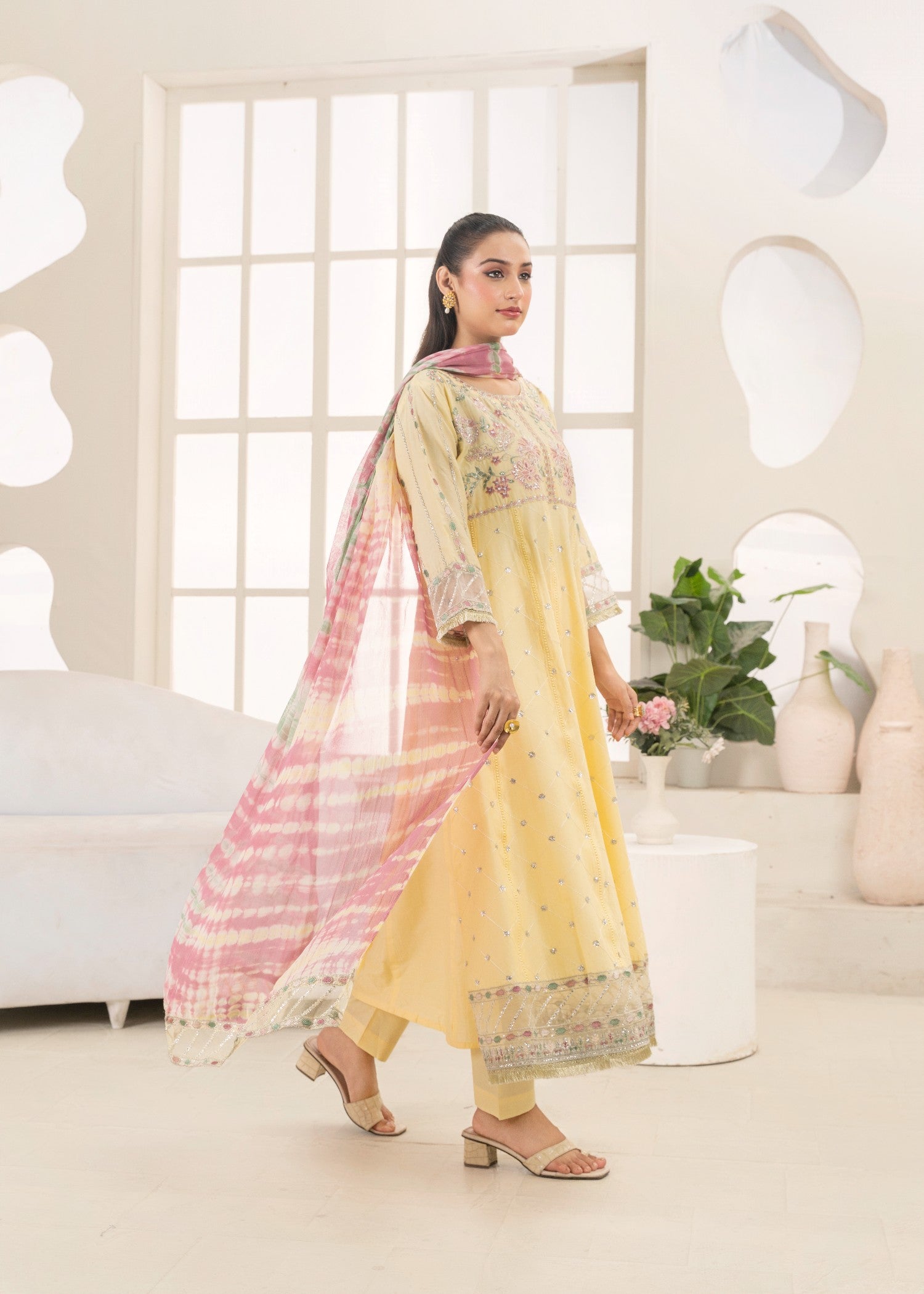 Khubsurat 3802 KH CT Lemon Embroidery Long Frock Cotton Women 3pcs