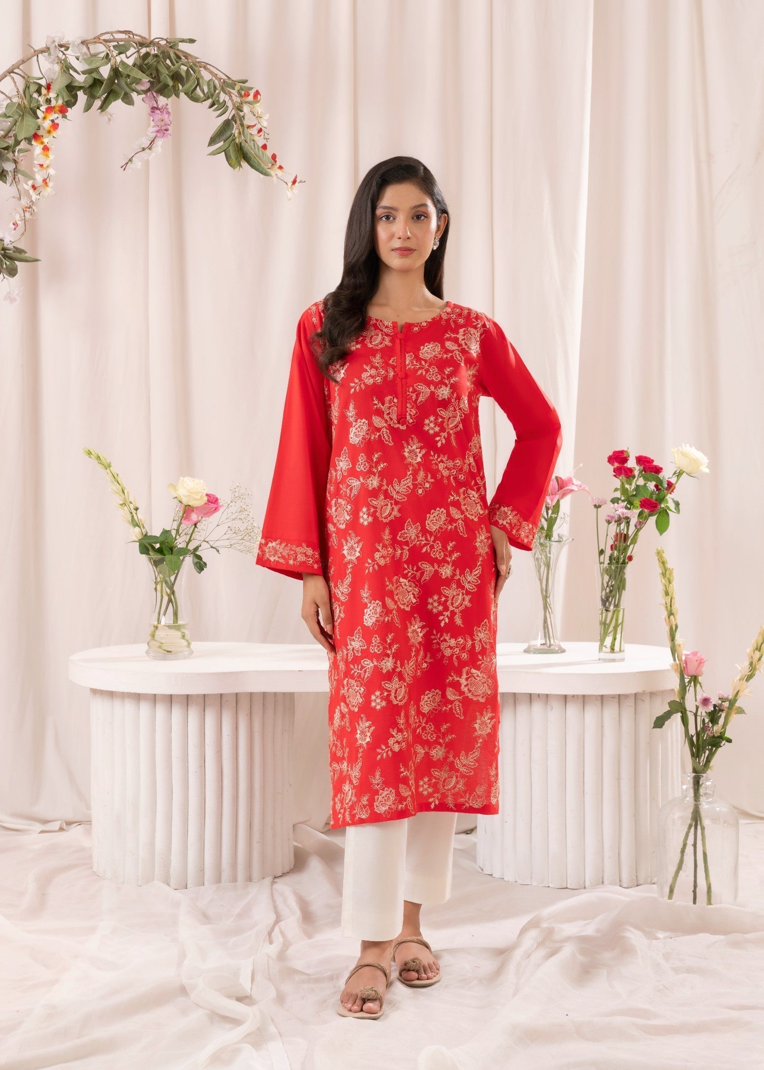 Musani Embroidered Lawn Stitched Shirt Red Women 1pcs