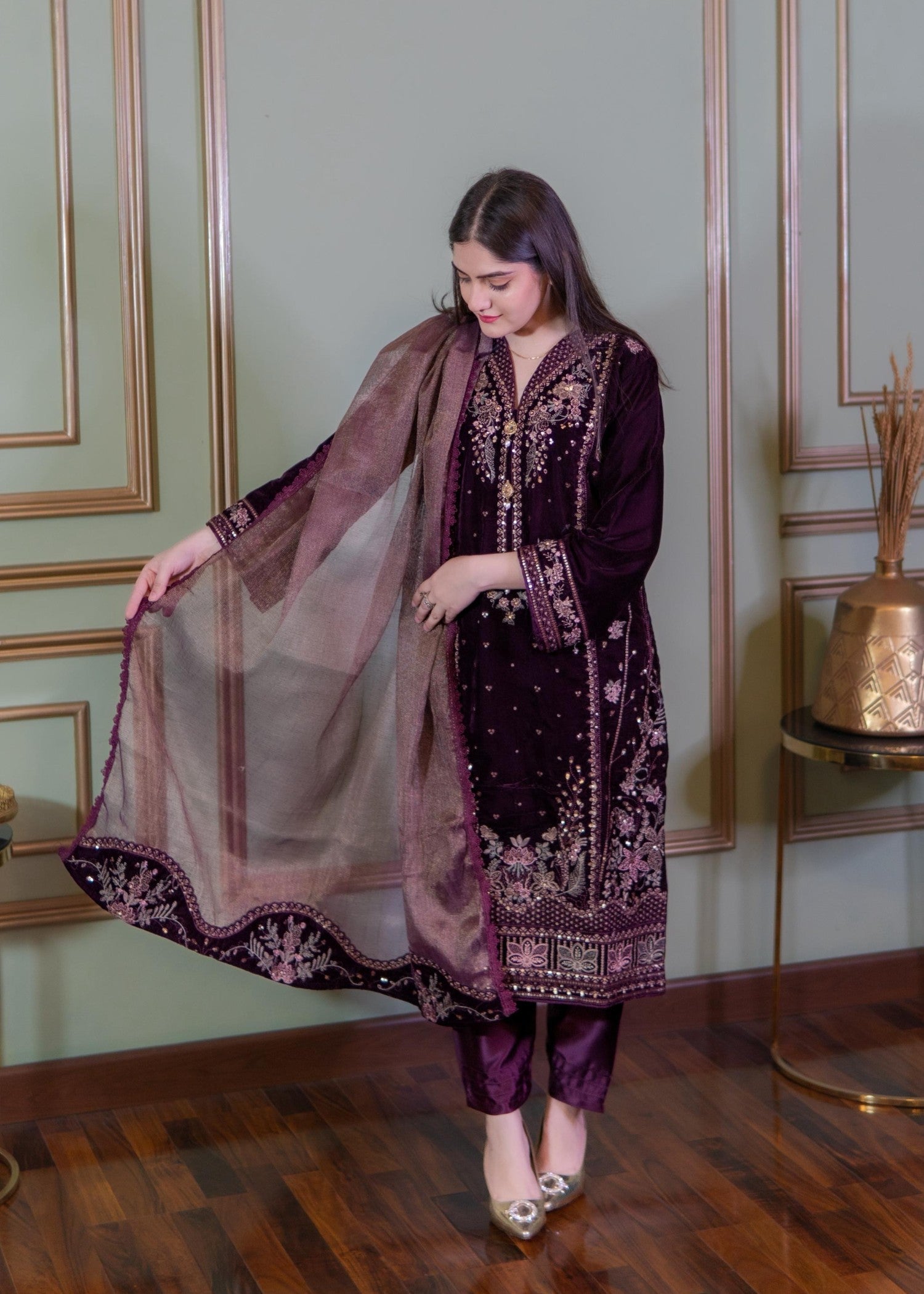 Rangoon Clothing Roshana Plum Velvetine Women 3pcs