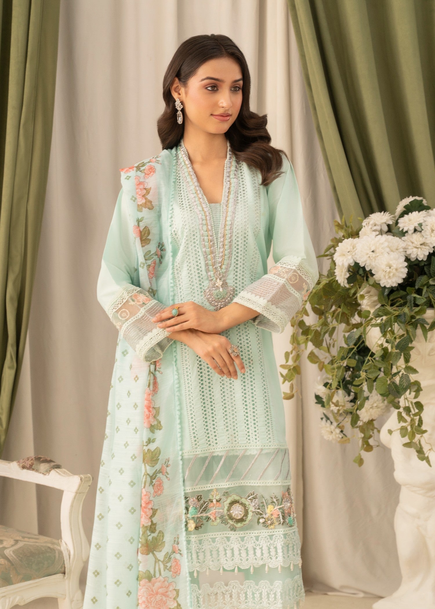 Khubsurat 3558 KH CT Ice Blue Embroidery Long Shirt Cotton Women 3pcs