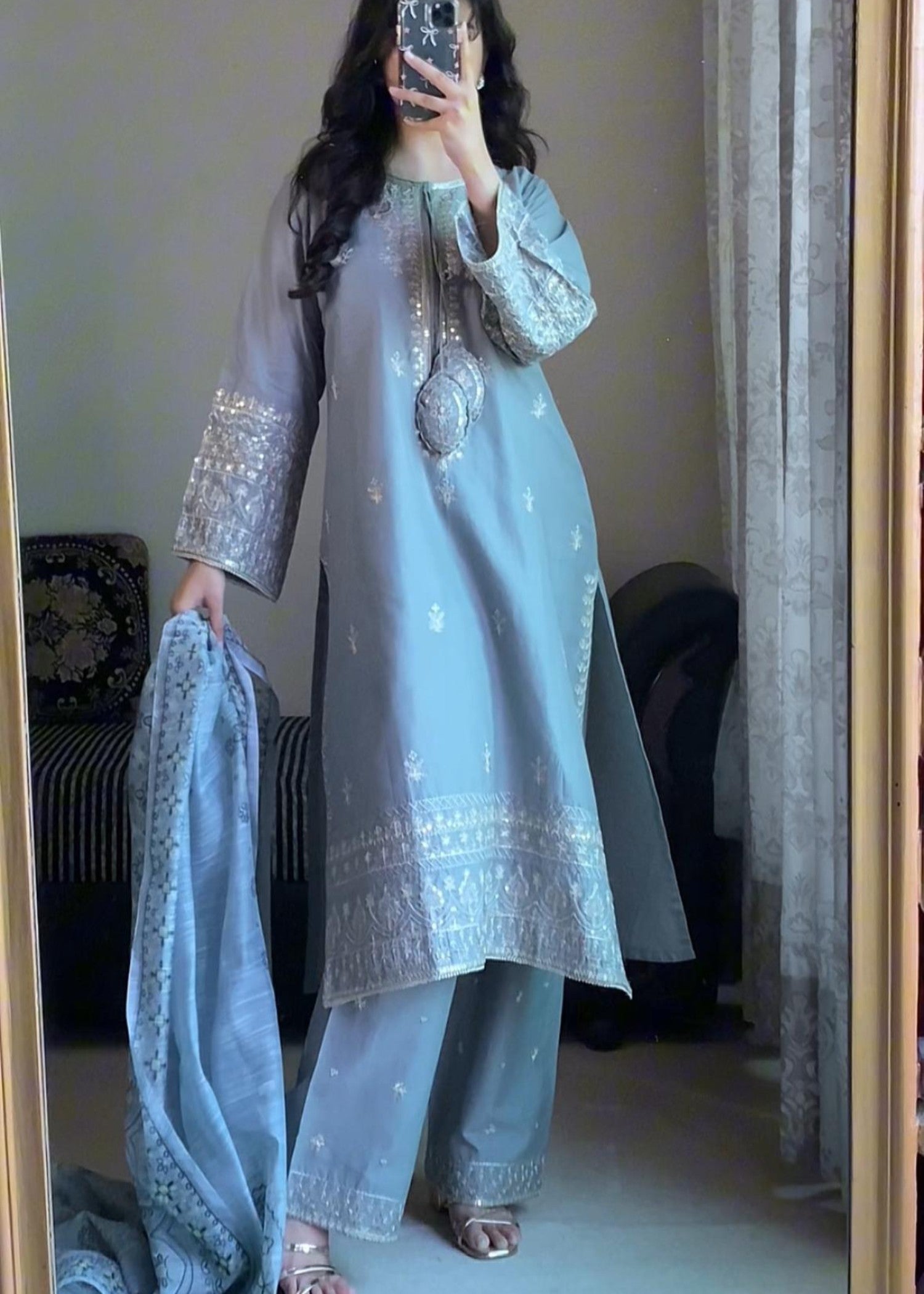 Attirepret Pastel Grey Embroidered Cotton Suit – By Women 3pcs