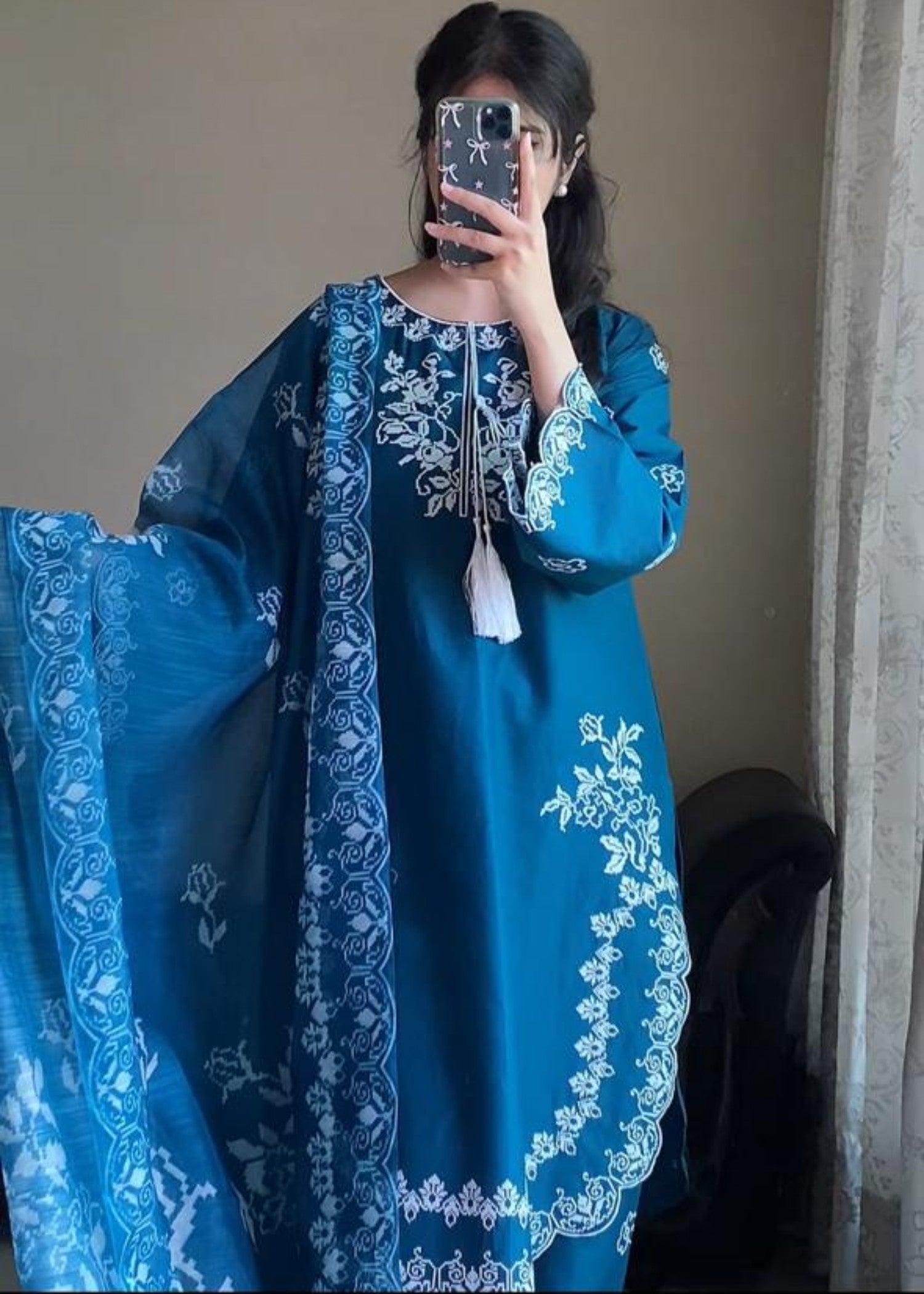 Attirepret Sapphire Blue Embroidered Cotton Suit Women 3pcs