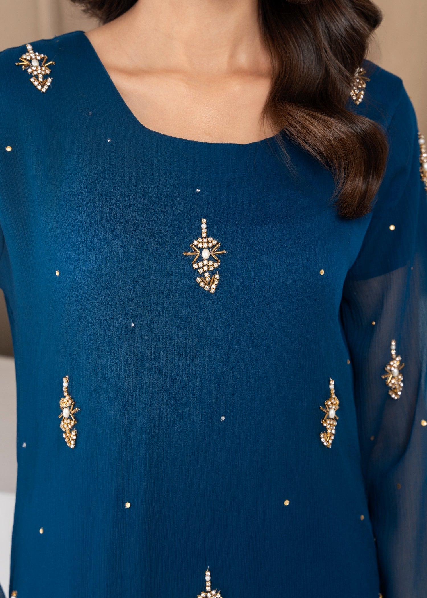 Hkb Officials Jasmine Midnight Teal Chiffon Flare Frock Women 3pcs