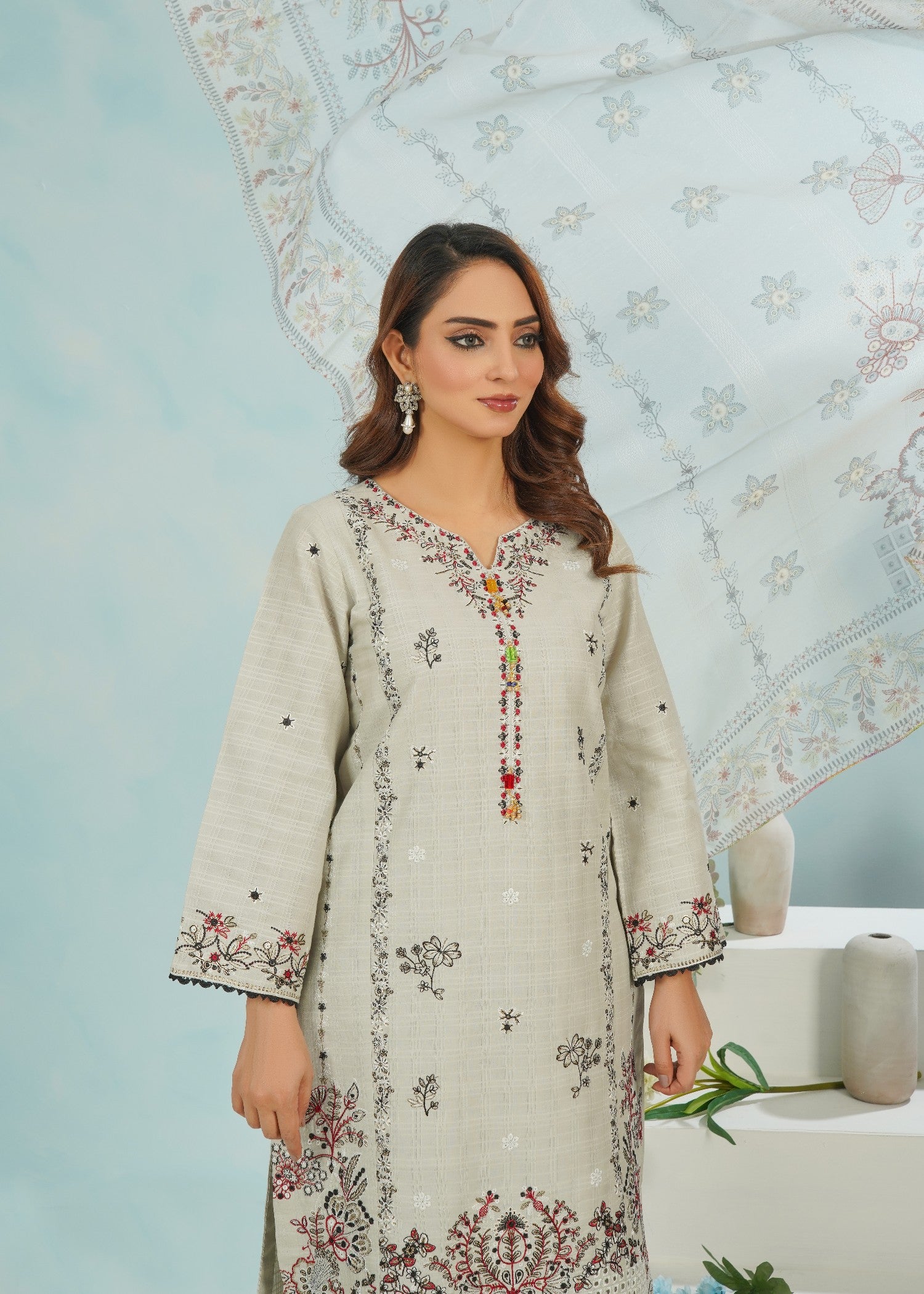 Dareechay Light Grey Embroidered Suite FOS47 Women 3pcs