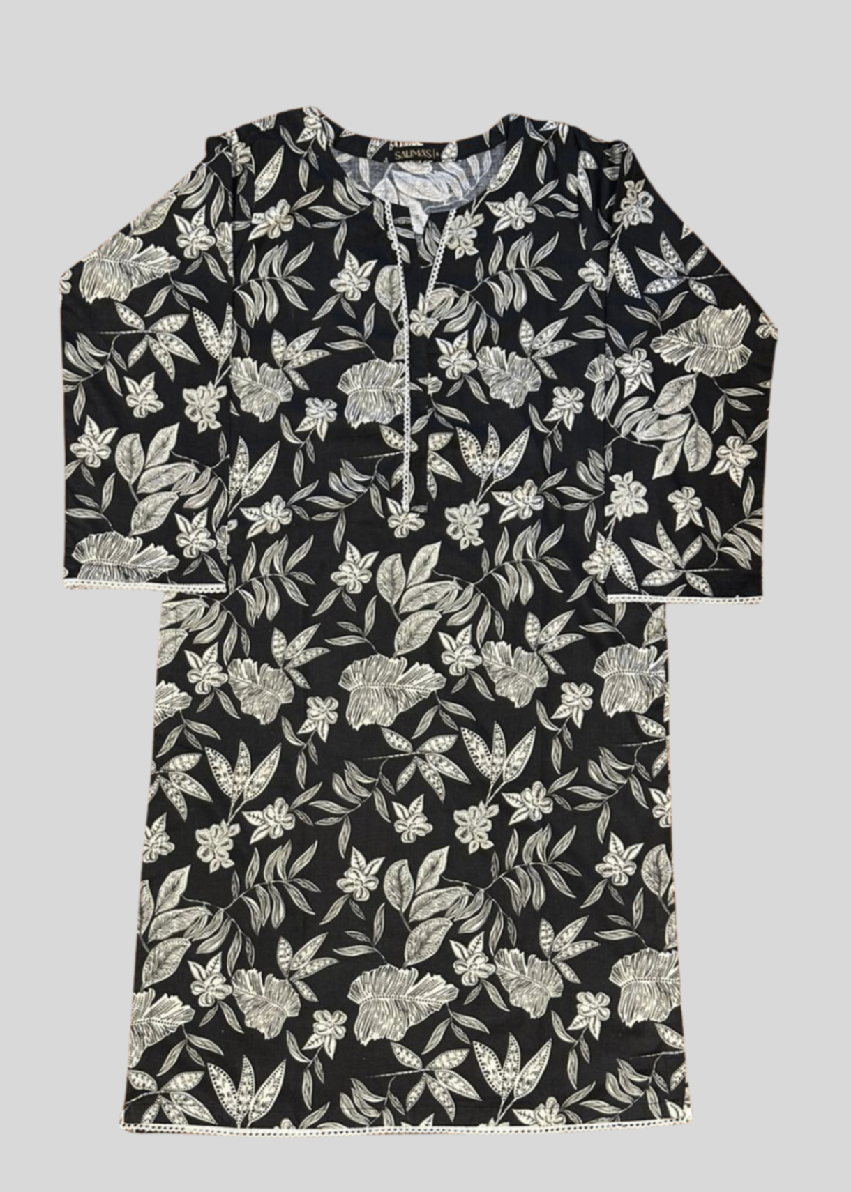 Salimas Stitched Lawn Suit – Classic Black & White Floral Women 2pcs