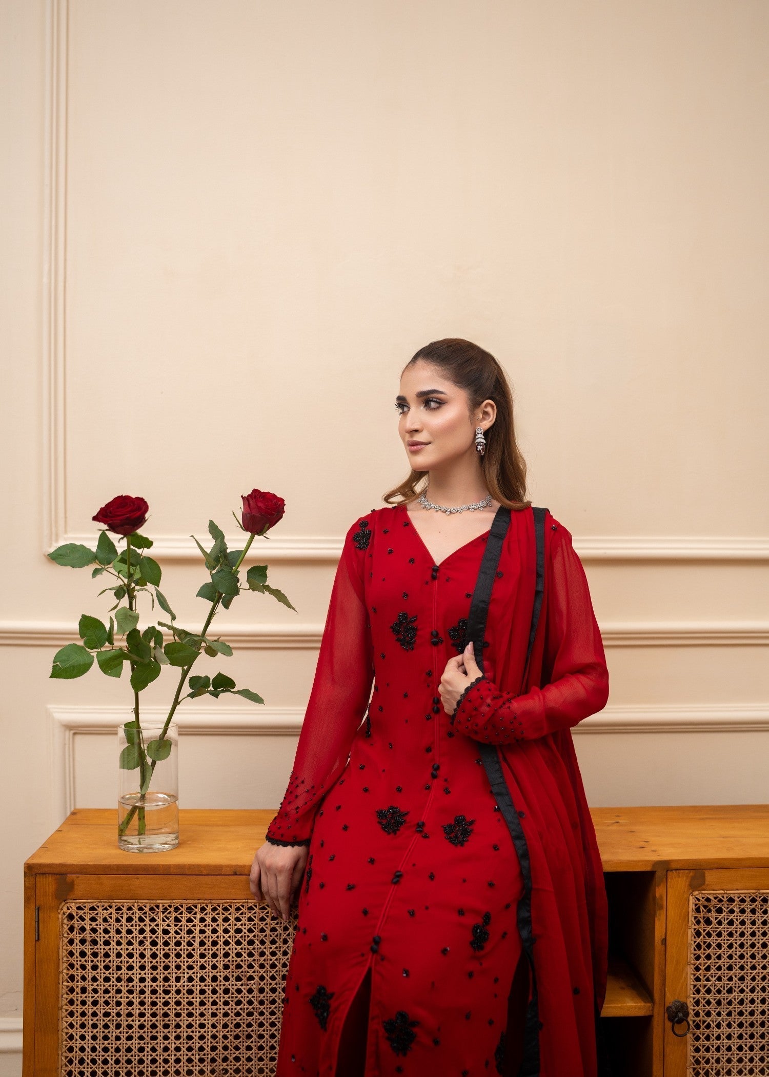 Alyssa RED CHIFFON SUIT ALL115 Women 3pcs