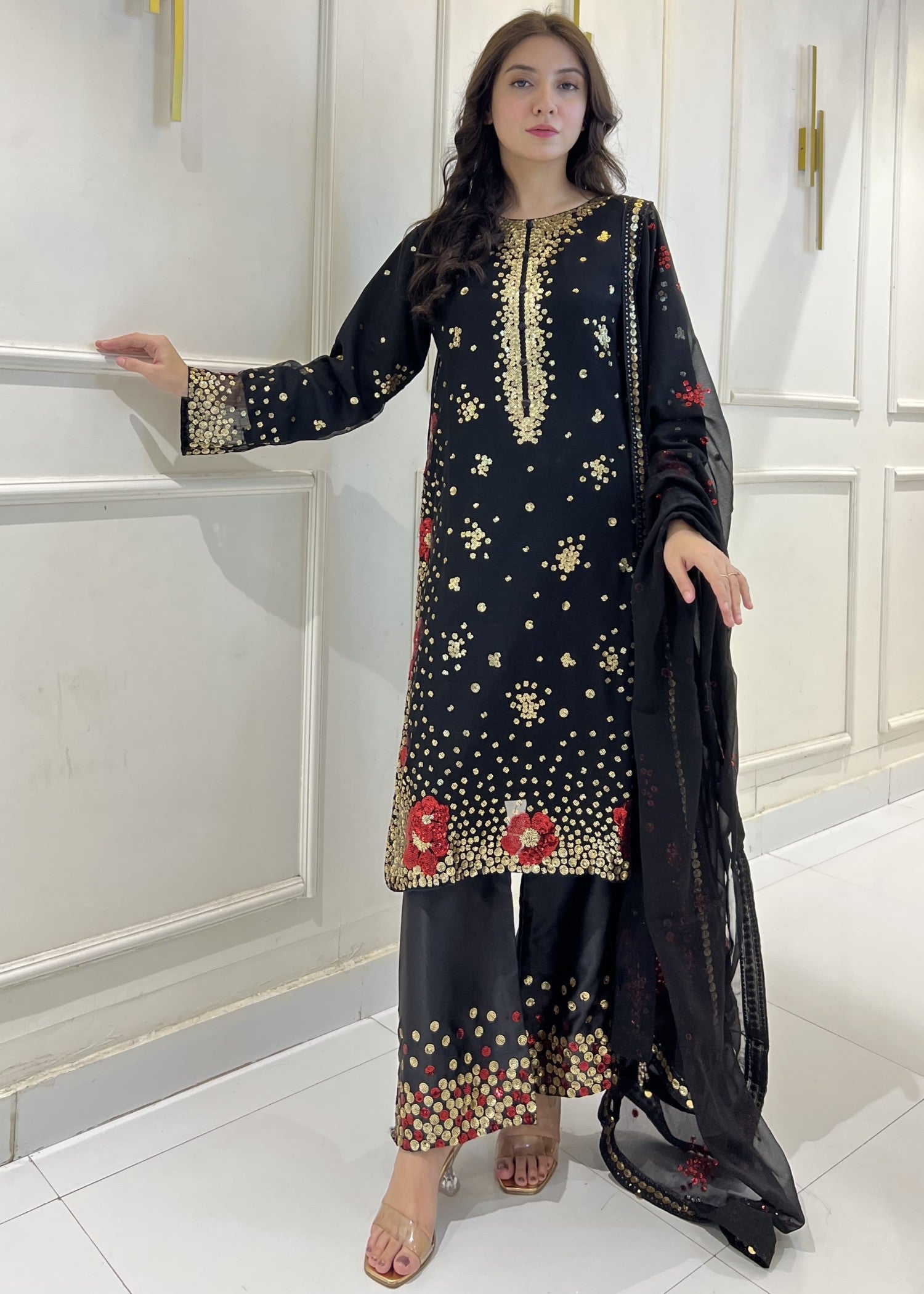 Shrenz Pret Shrenz Black Sequence Pret Chiffon Women 3pcs