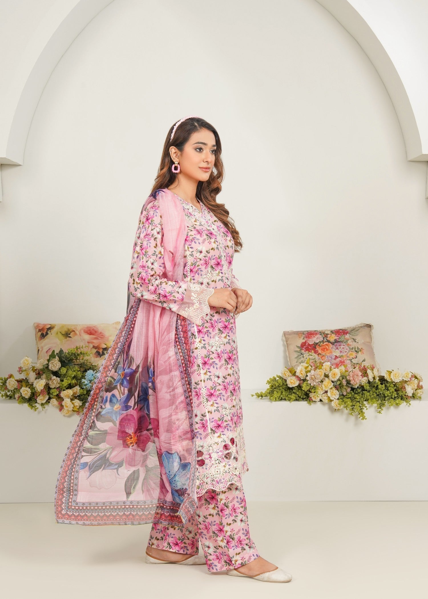 Dareechay Pink Blush Bloom Print Suit FOP31 Women 3pcs