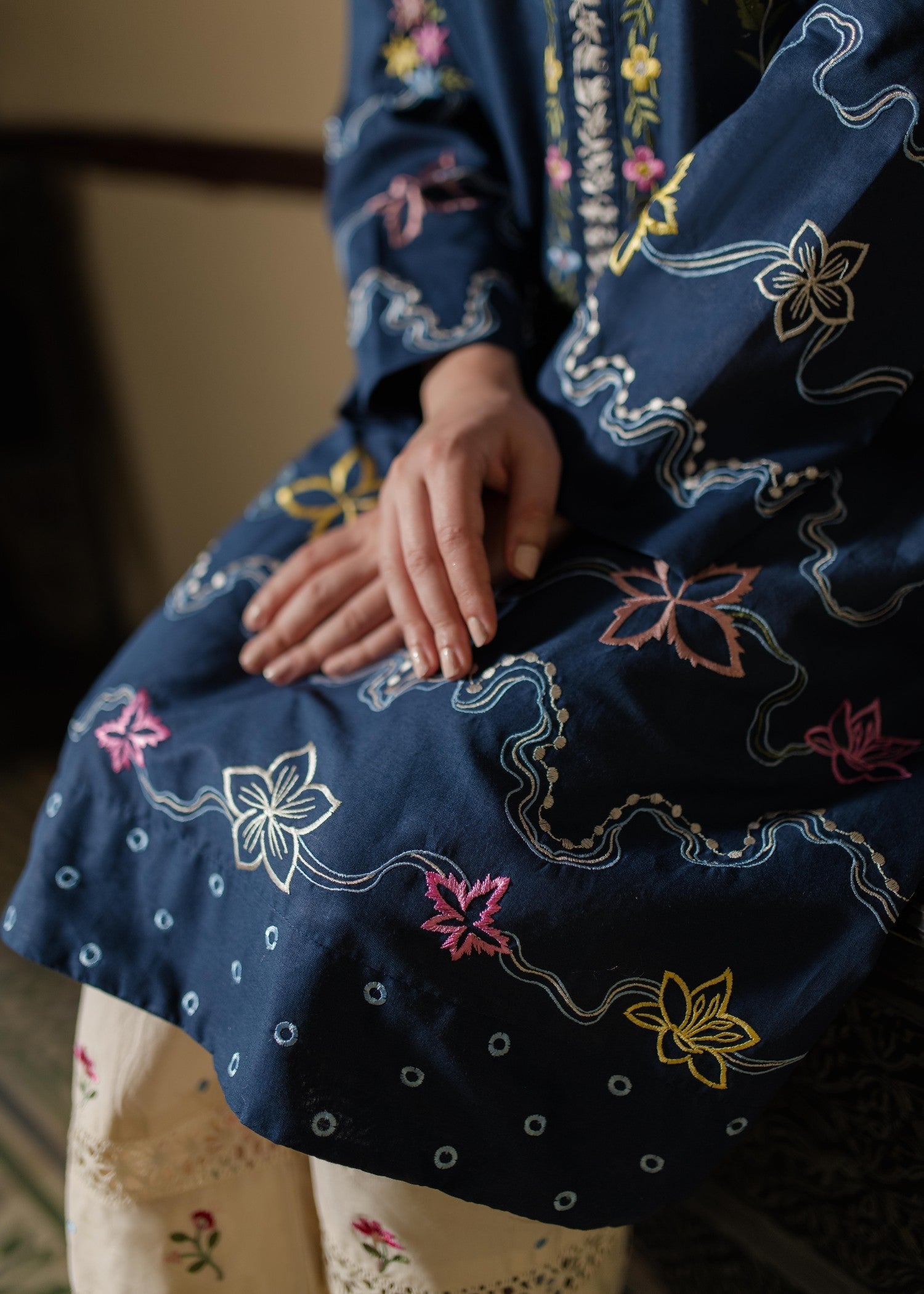 Azulie Navy Embroidered Kurta by Women 1pcs