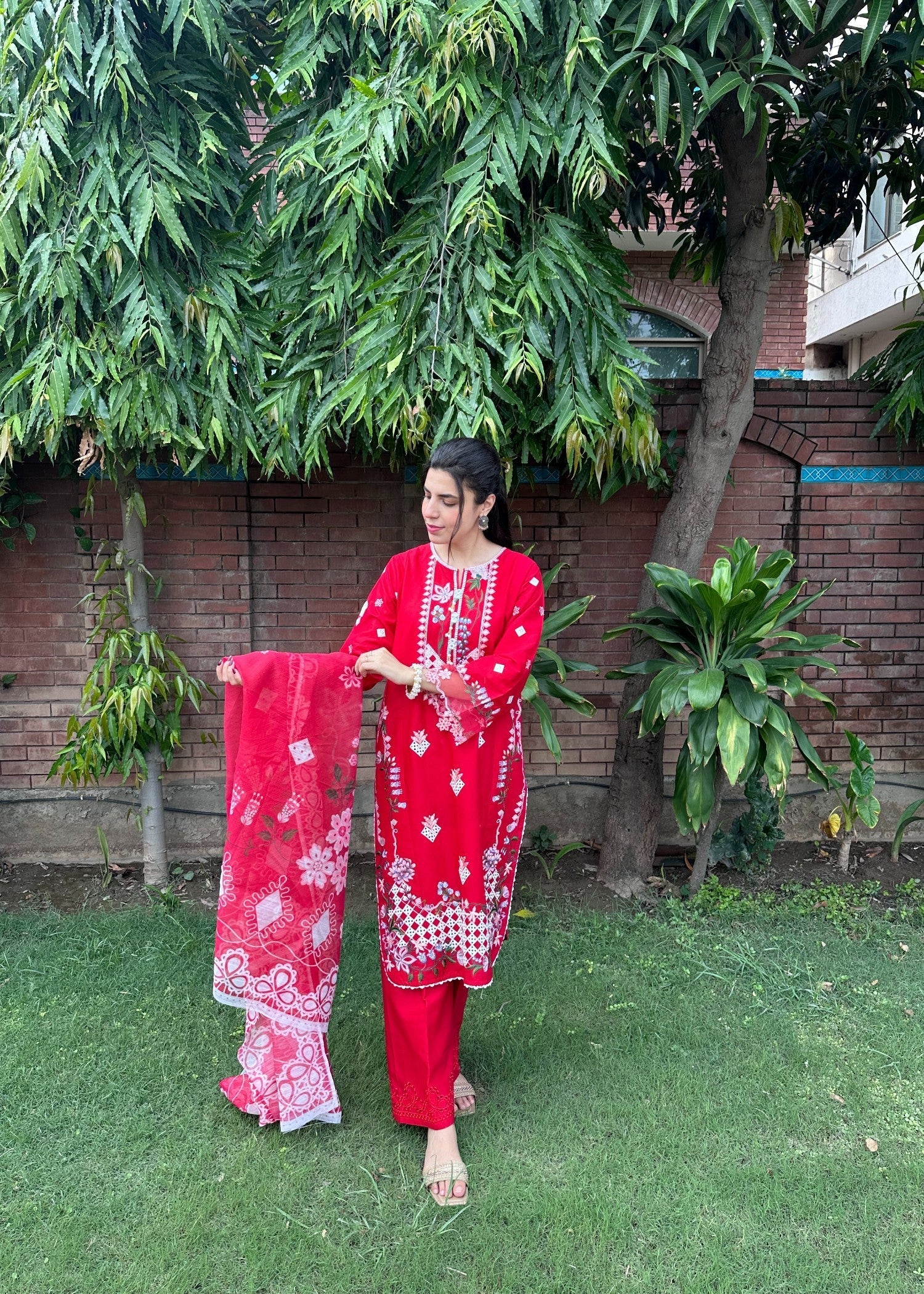 Attirepret Radiant Red Embroidered Cotton Suit by Women 3pcs