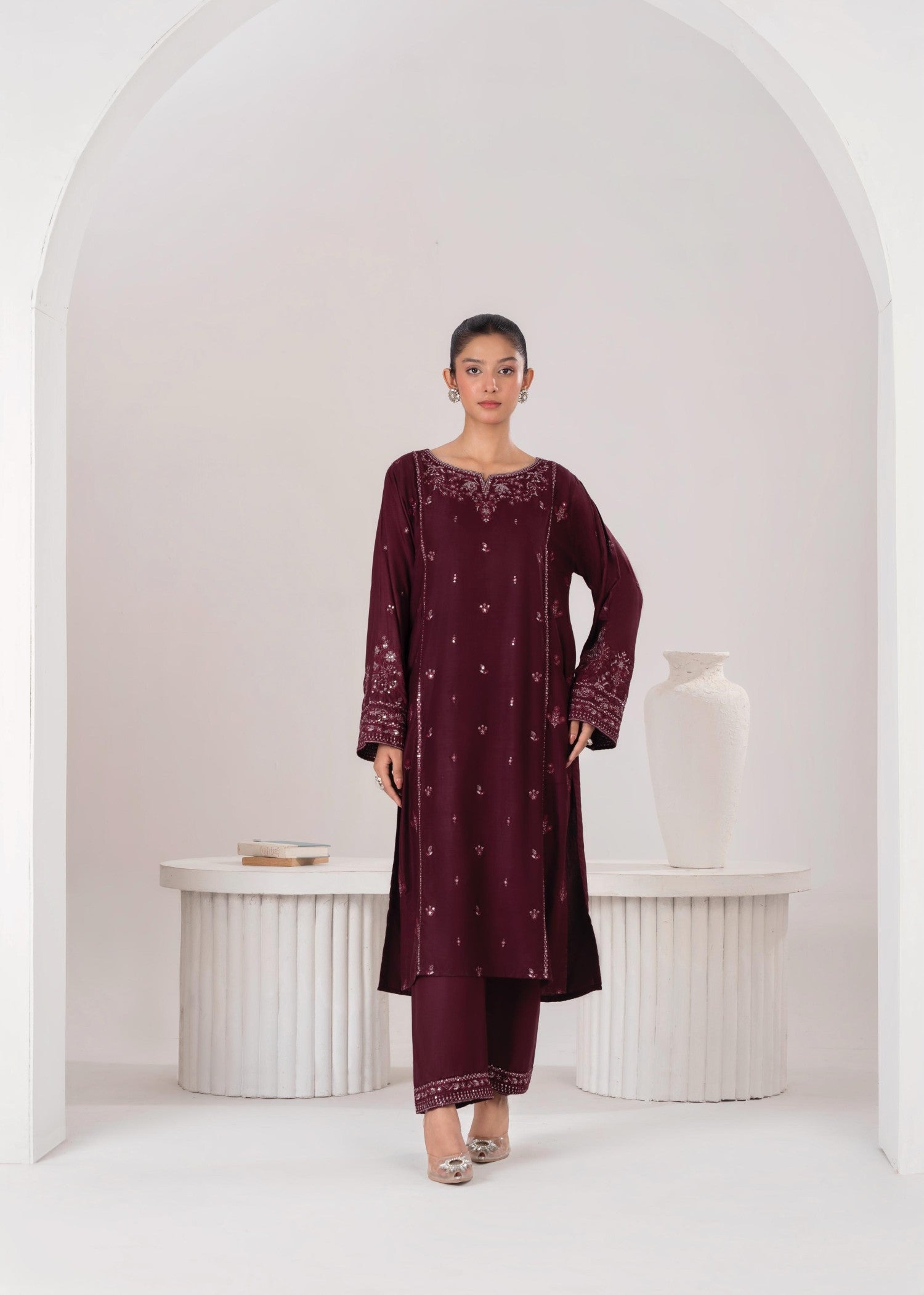 Stylish Collection LARA EMBROIDERED PLUM Women 2pcs