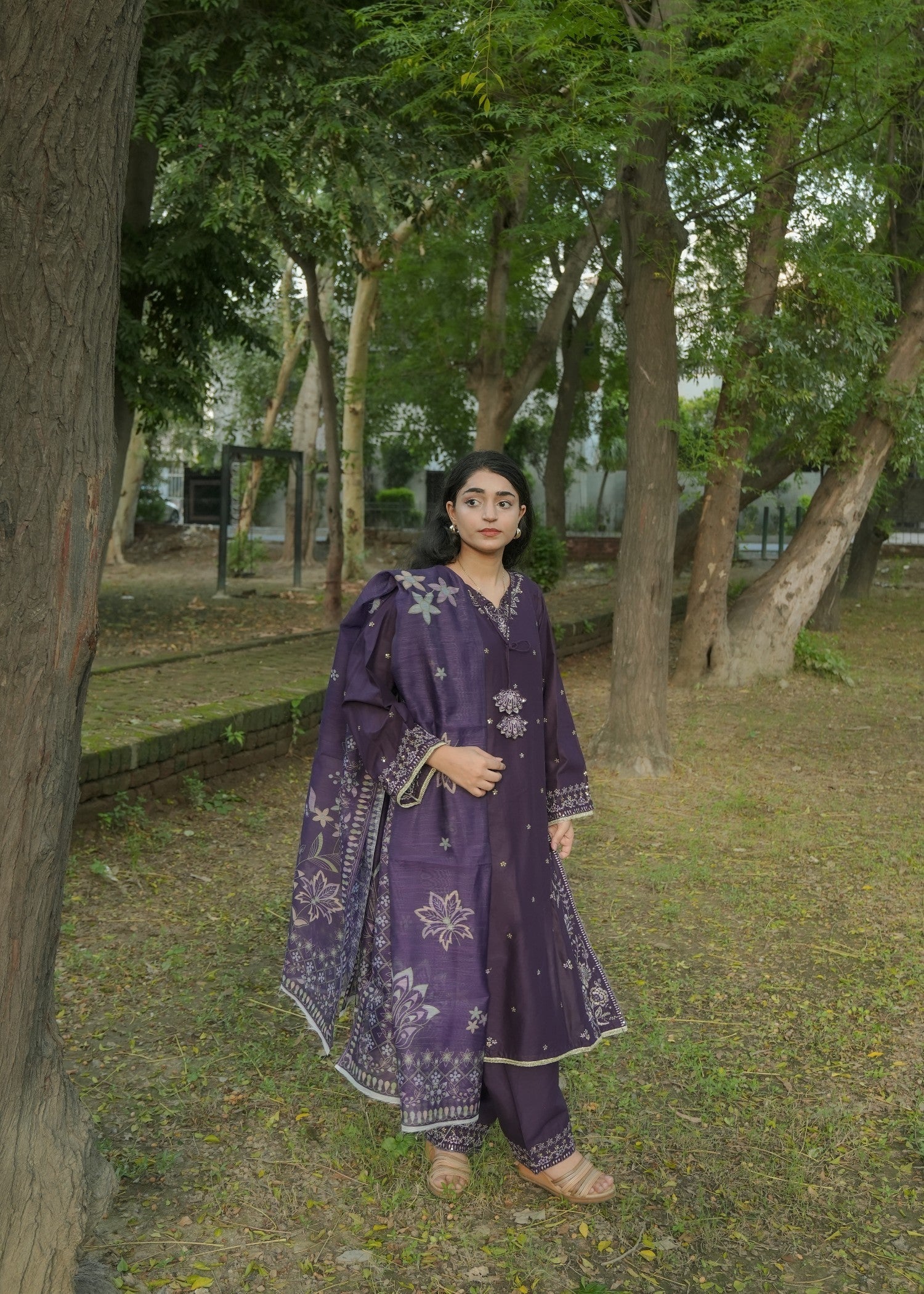 Attirepret Deep Plum Cotton Embroidered Suit Women 3pcs