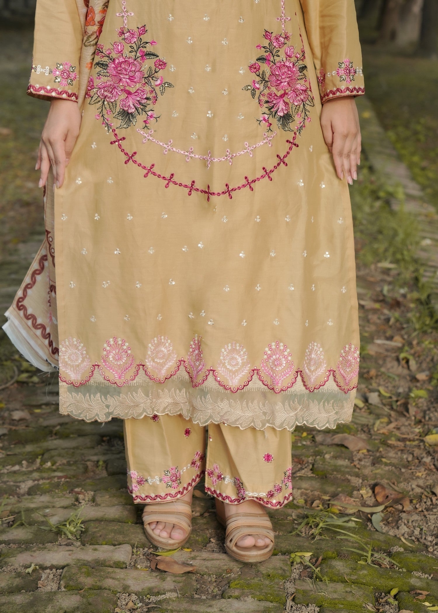 Attirepret Beige Cotton Embroidered Suit – By Women 3pcs
