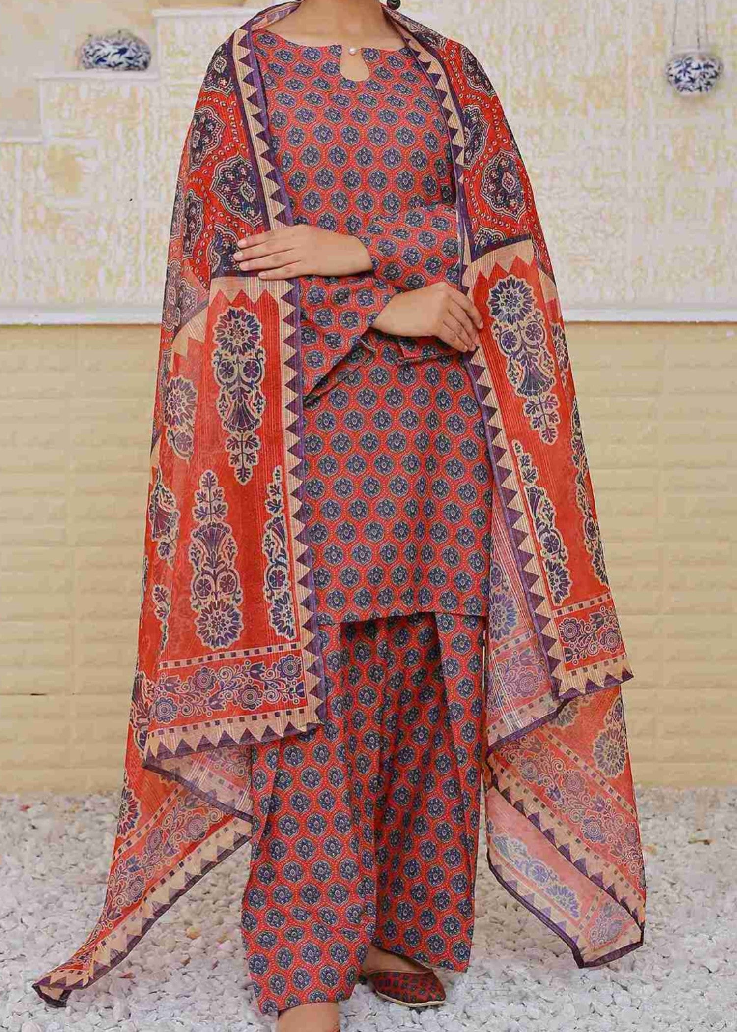 Zuruj Pret Ajrak Flame (Farshi Shalwar) Women 3pcs