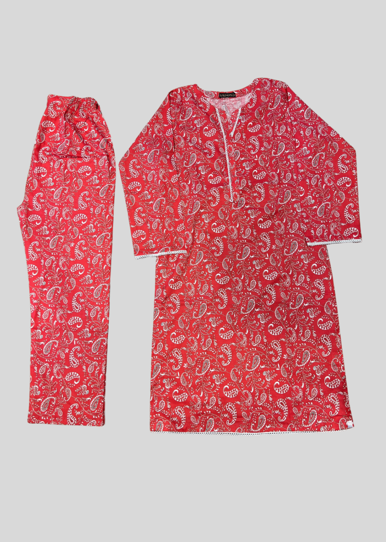 Salimas Women’s Stitched Lawn Suit – Red with White Paisley Print Women 2pcs