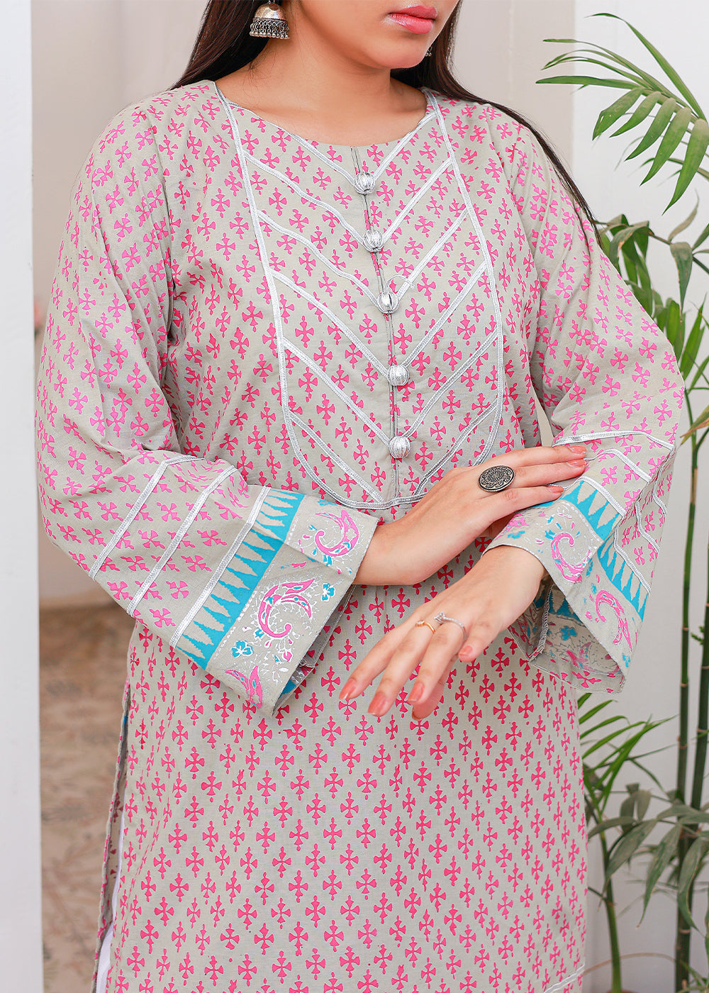 Green Block print Kurti Stitched Ash grey Women 1pcs