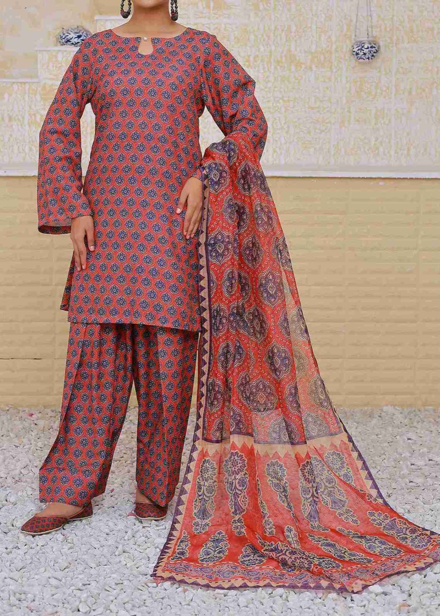 Zuruj Pret Ajrak Flame (Farshi Shalwar) Women 3pcs