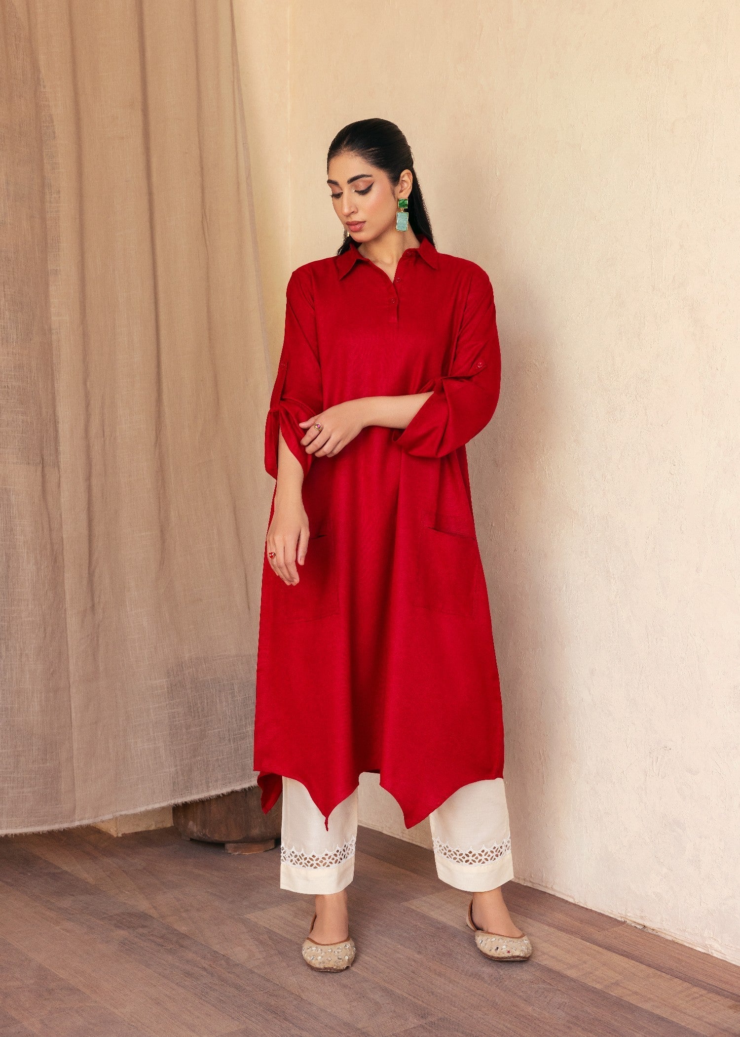 Ghonche Hot Red Long Shirt Women 1pcs