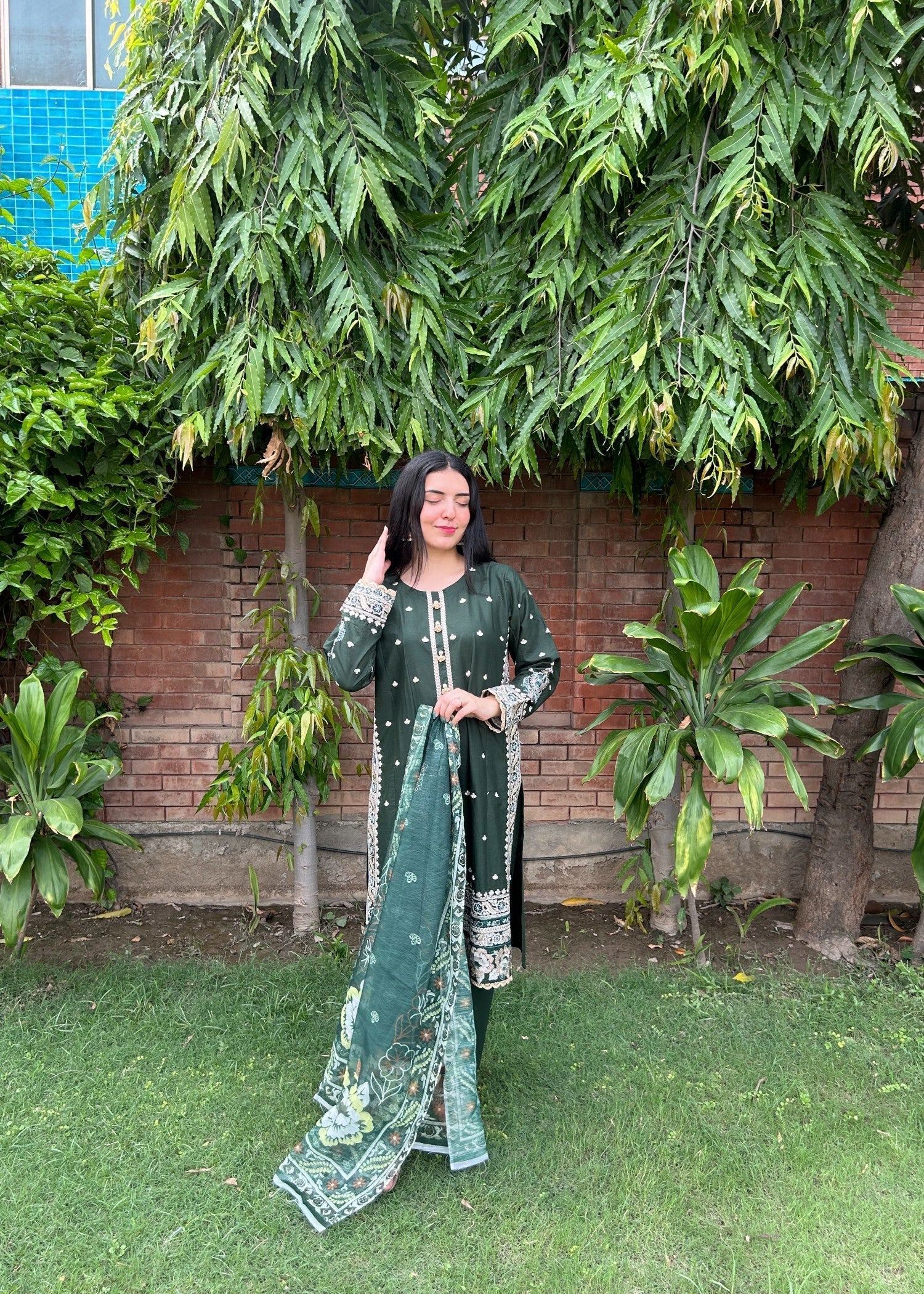 Attirepret Dark Green Viscose Embroidered Cotton Suit Women 3pcs