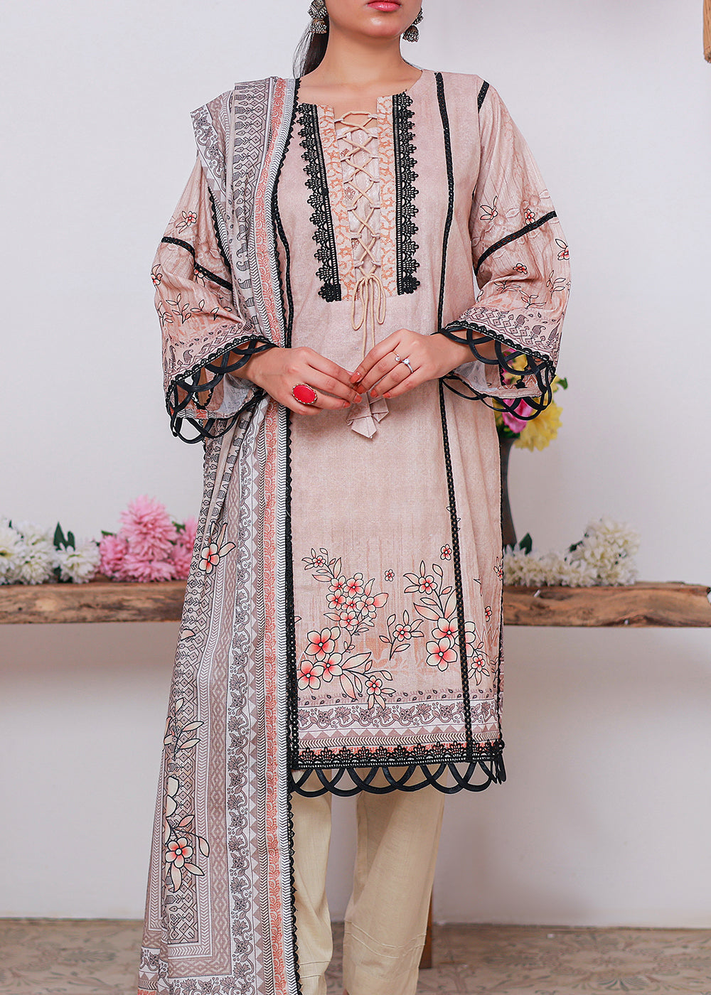 Green Printed lawn stitched suit D1 Women 3pcs