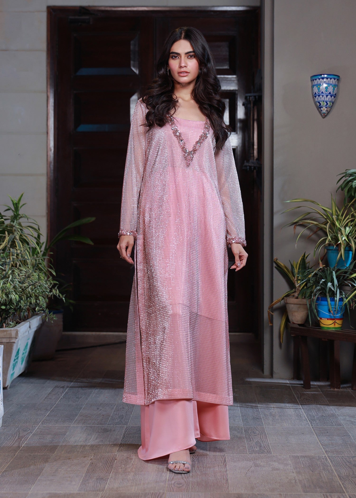 VELOUR Sparkling Pink Hand Embroidered Dress Women 3pcs