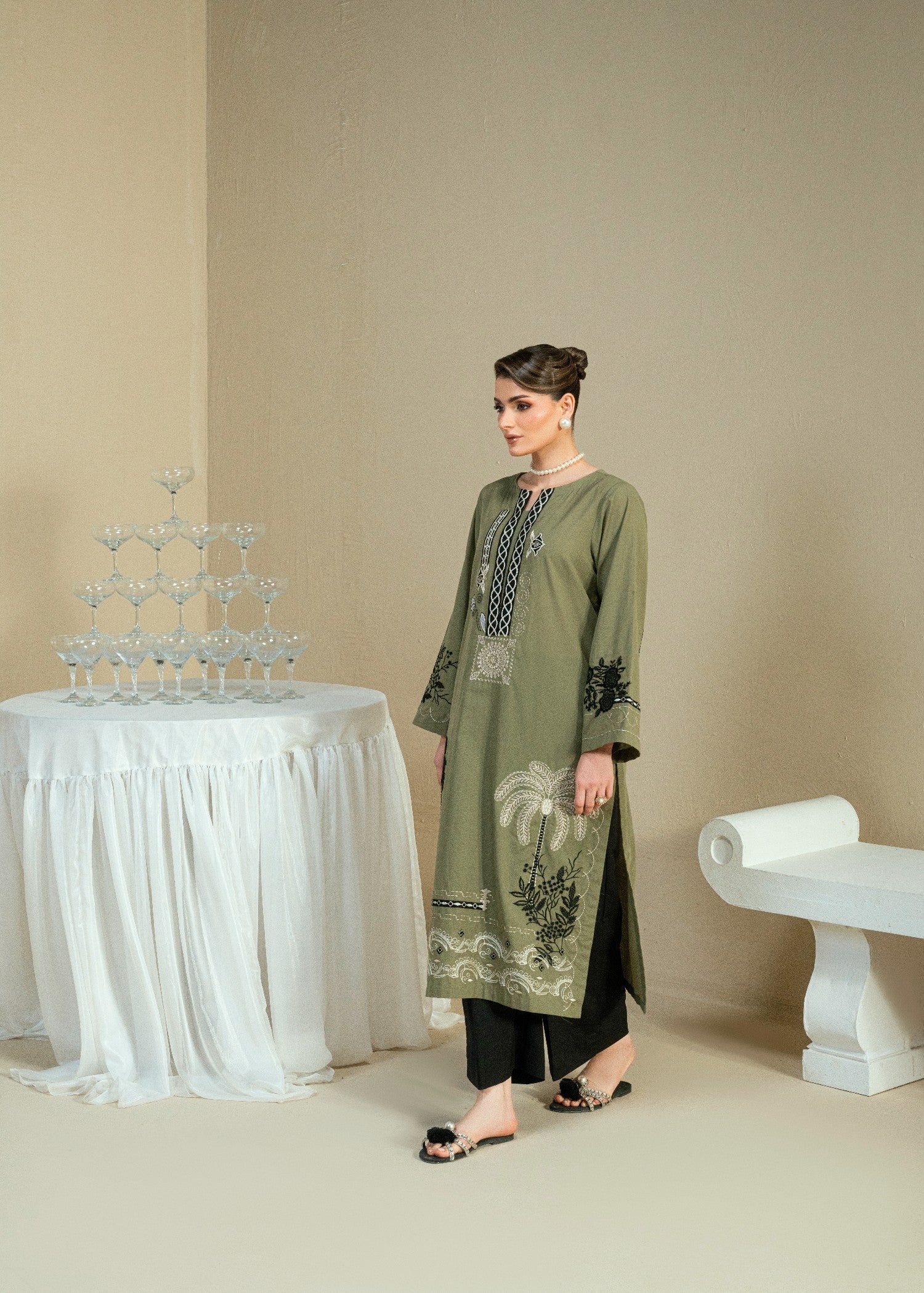 Kaanthaa KPES03 OLIVE COTTON DOBBY STITCHED Women 2pcs