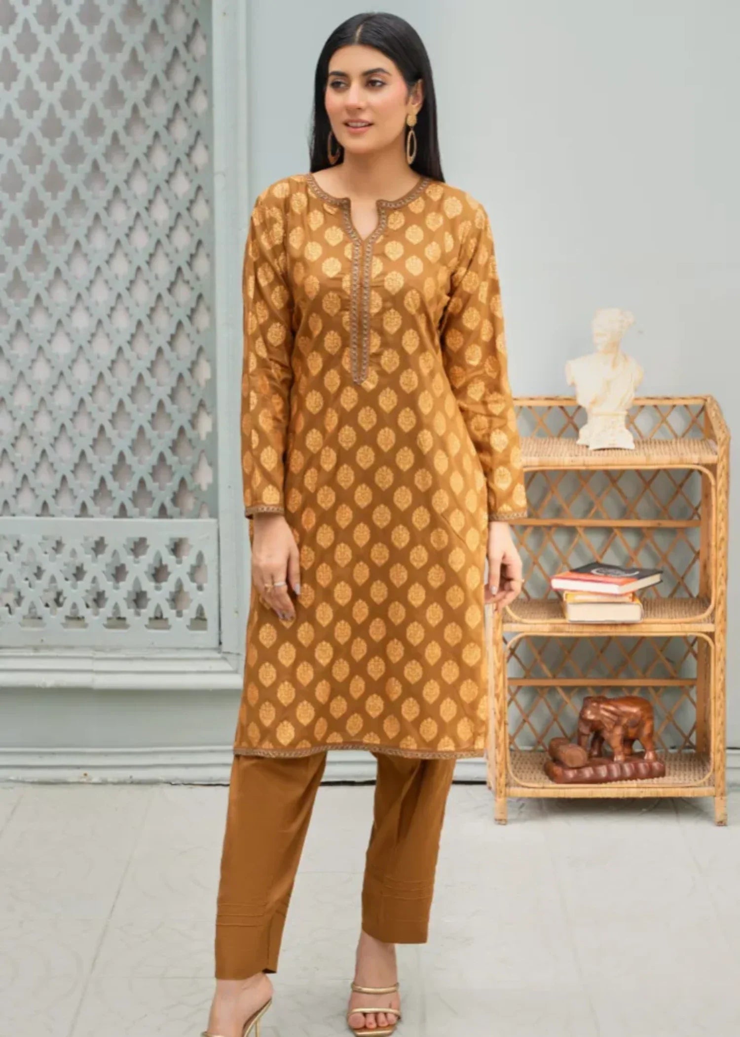 Designer Rack block print mustard Women 2pcs