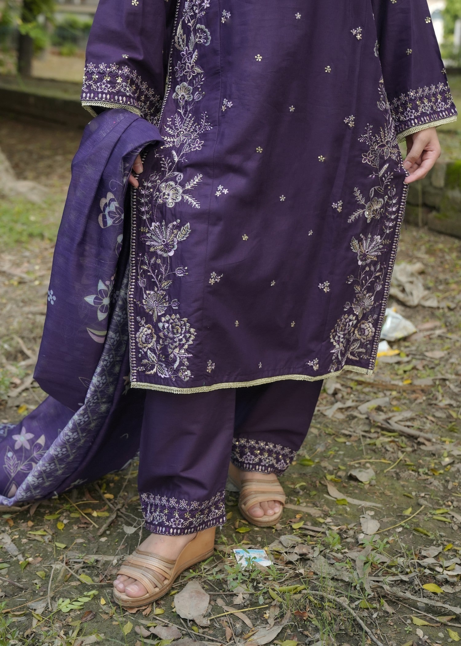 Attirepret Deep Plum Cotton Embroidered Suit Women 3pcs