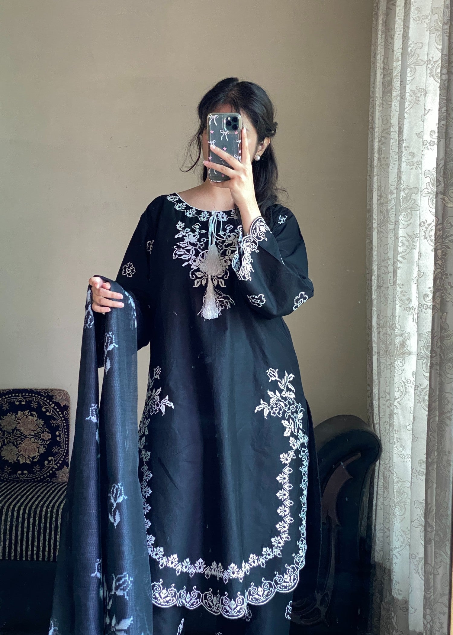 Attirepret Black Embroidered Cotton Suit Women 3pcs