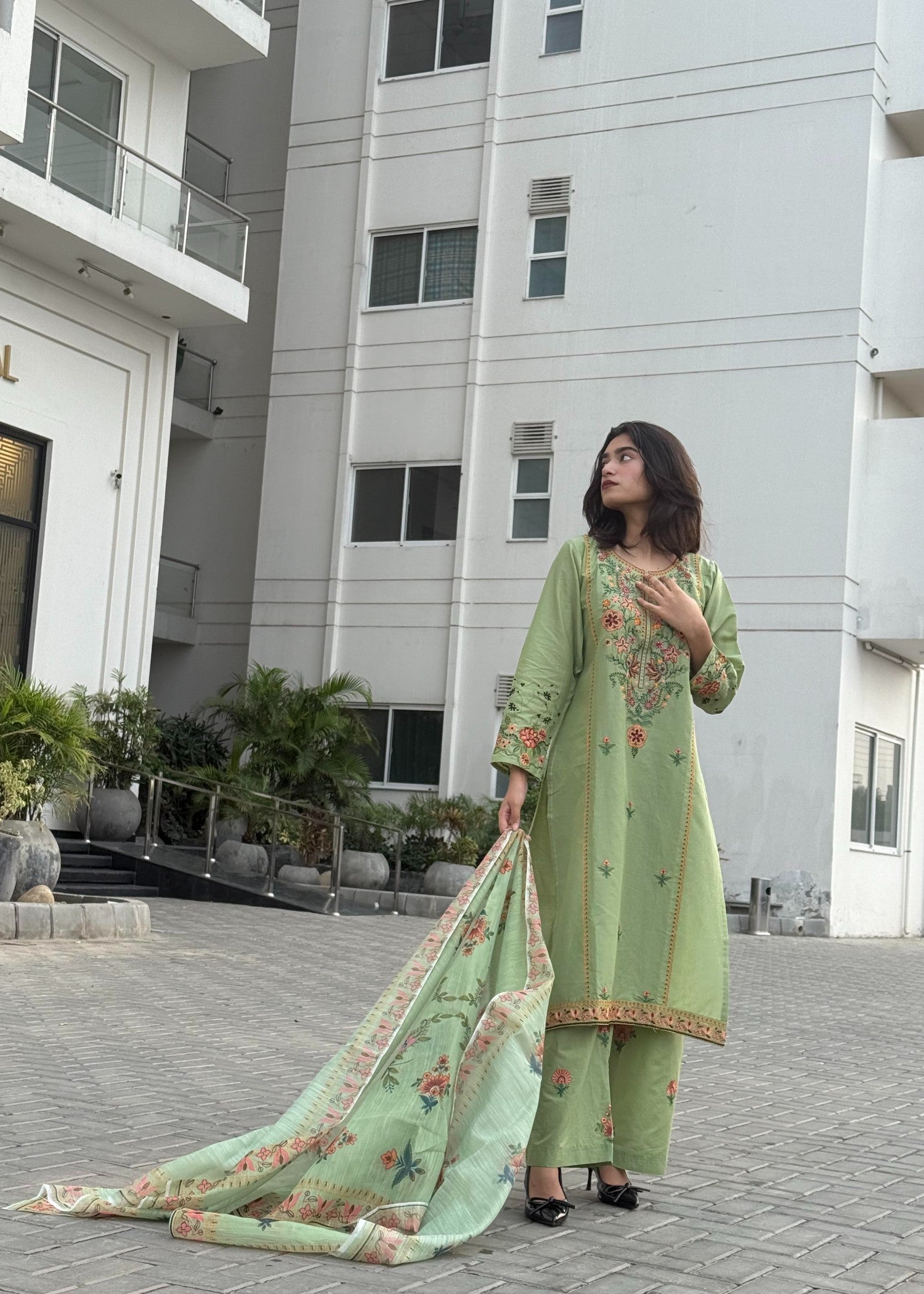 Attirepret Fresh Pistachio Bloom: Embroidered Cotton Suit Women 3pcs