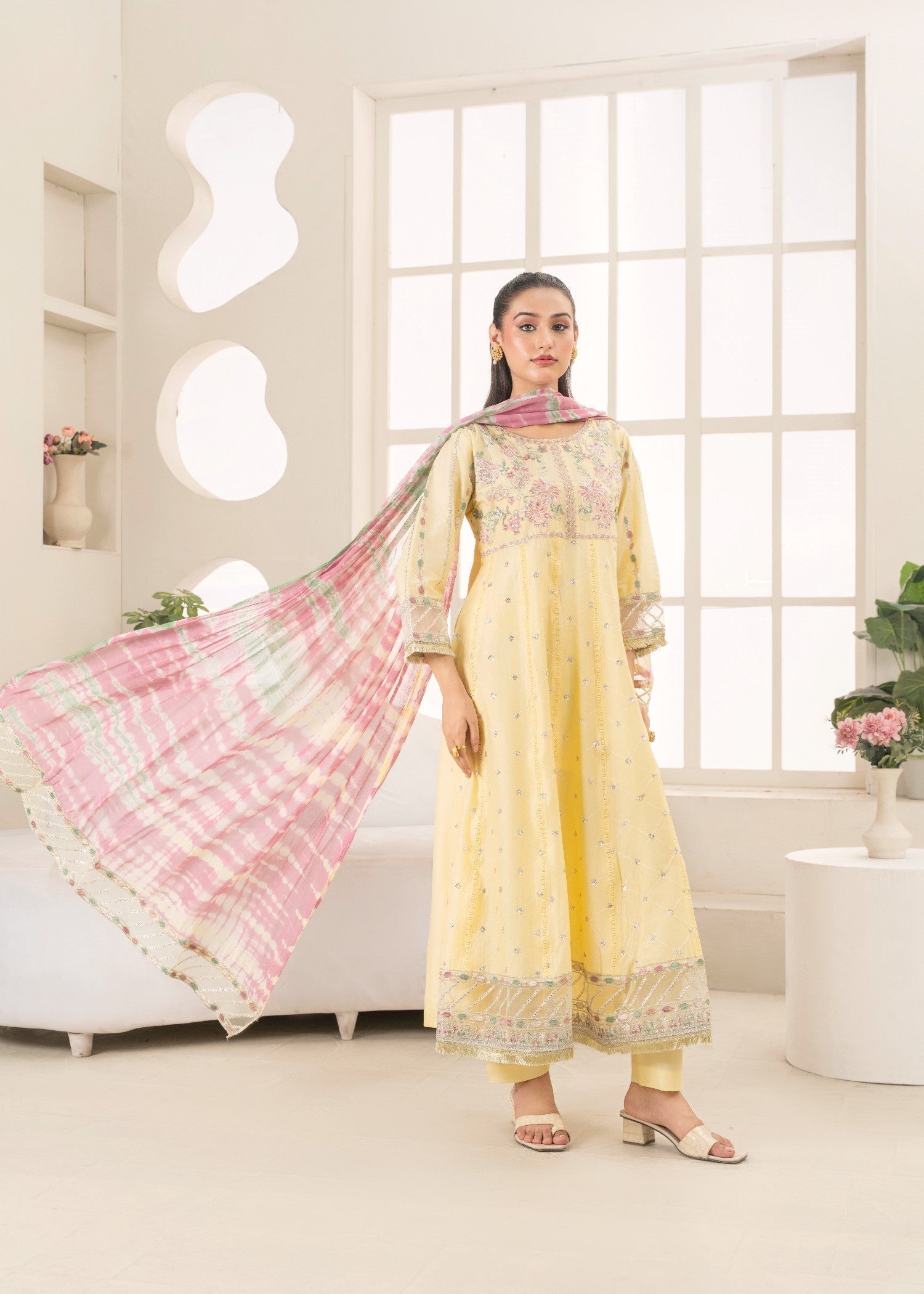 Khubsurat 3802 KH CT Lemon Embroidery Long Frock Cotton Women 3pcs