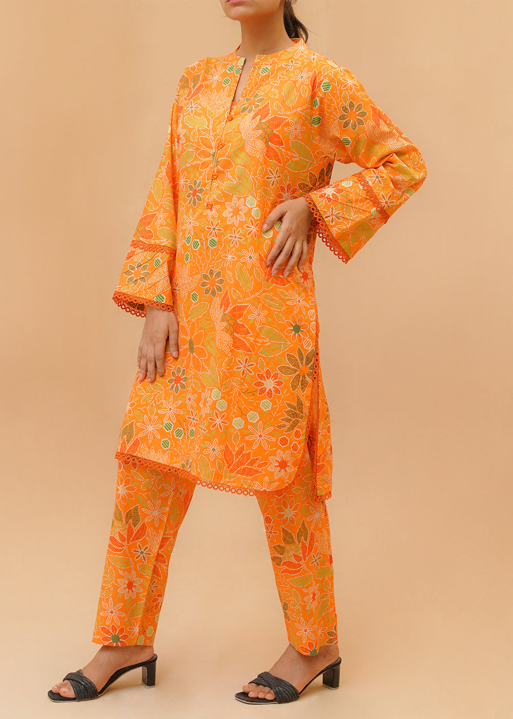 Green Orange Printed lawn stitched suit co ord set Women 2pcs