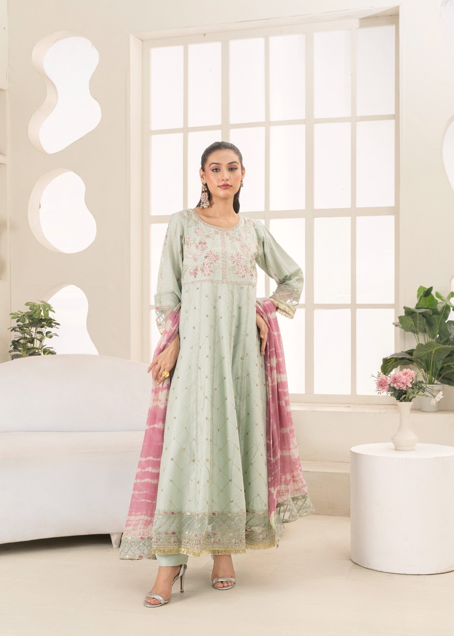 Khubsurat 3802 KH CT Tea Green Embroidery Long Frock Cotton Women 3pcs