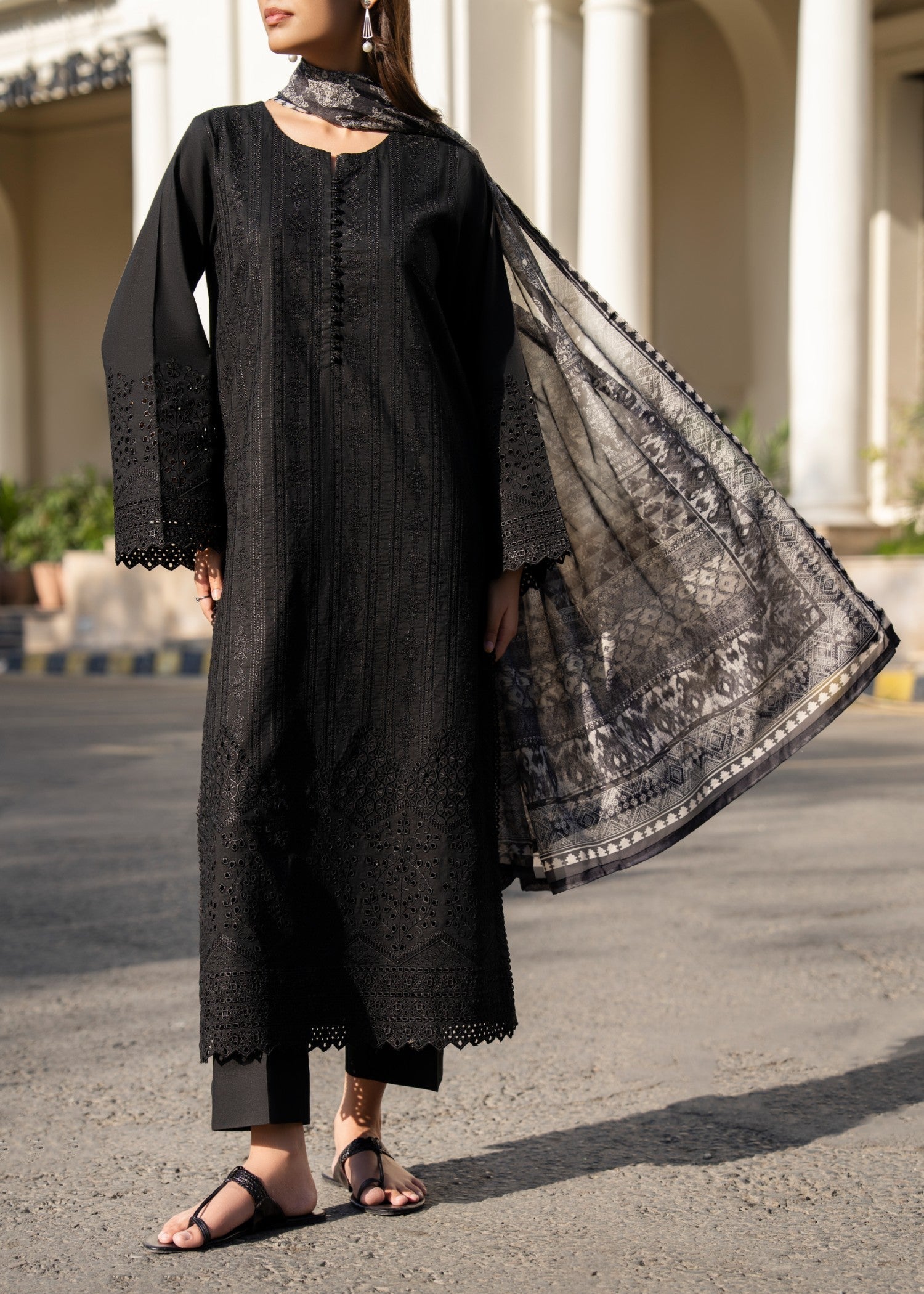 Casual Lite Cotton Emb Suit Black 2 Women 3pcs