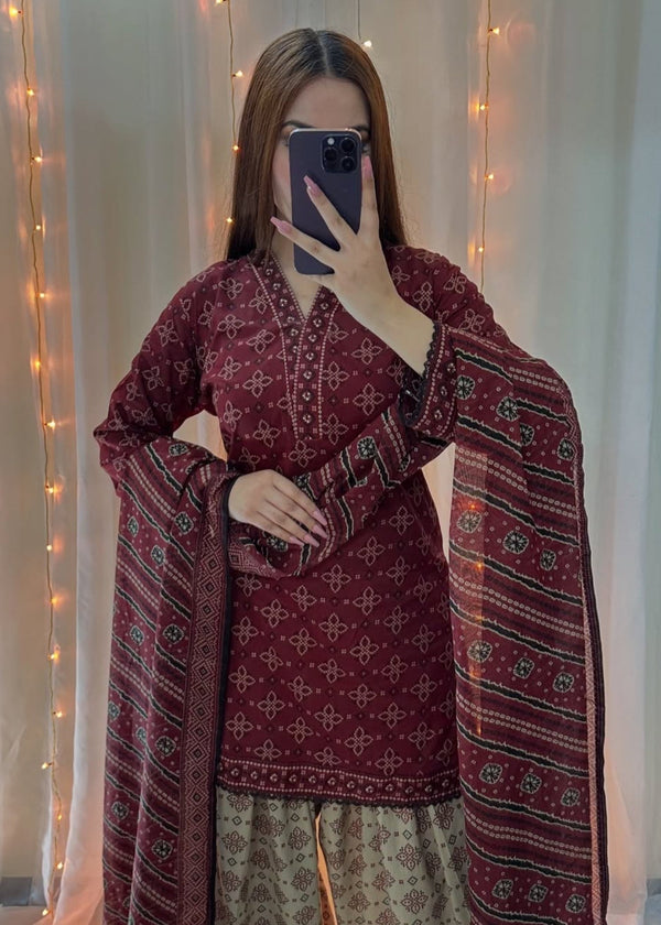 Gulposh Ajrak Mehroon (Digital Printed with Farshi Shalwar) Women 3pcs