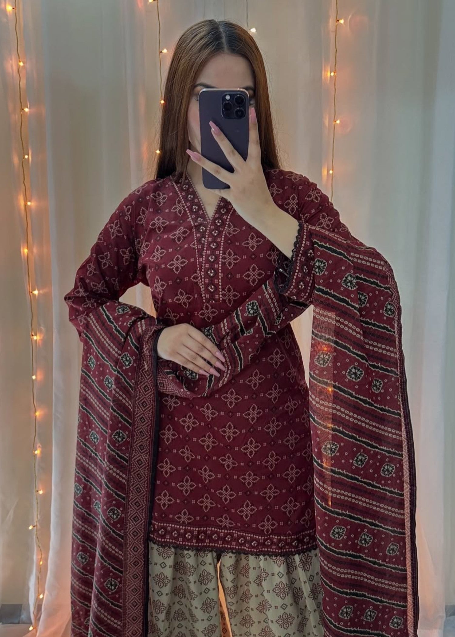 Gulposh Ajrak Mehroon (Digital Printed with Farshi Shalwar) Women 3pcs