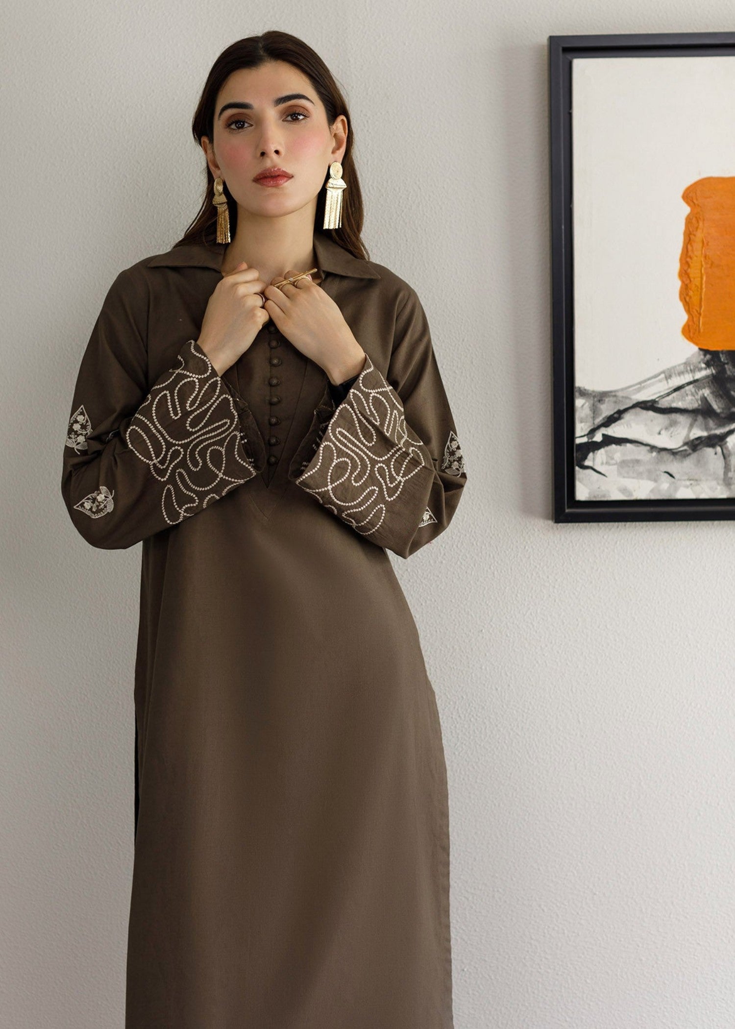 Peach Republic Olive Brown Embroidered Dress Women 2pcs