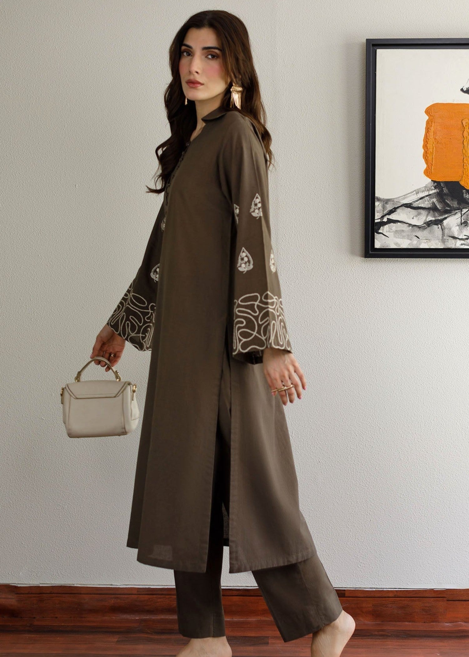 Peach Republic Olive Brown Embroidered Dress Women 2pcs