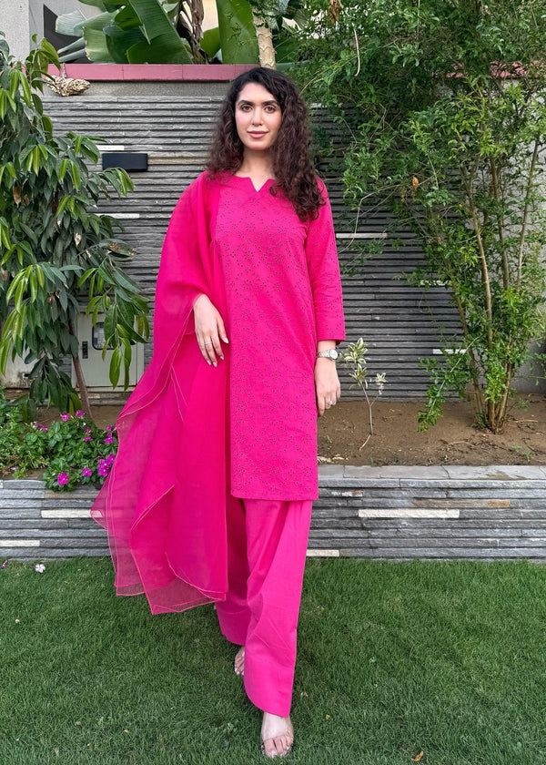 Naaz Couture Farshi Chikankari Shalwar Kameez Fuscia Pink Women 3pcs