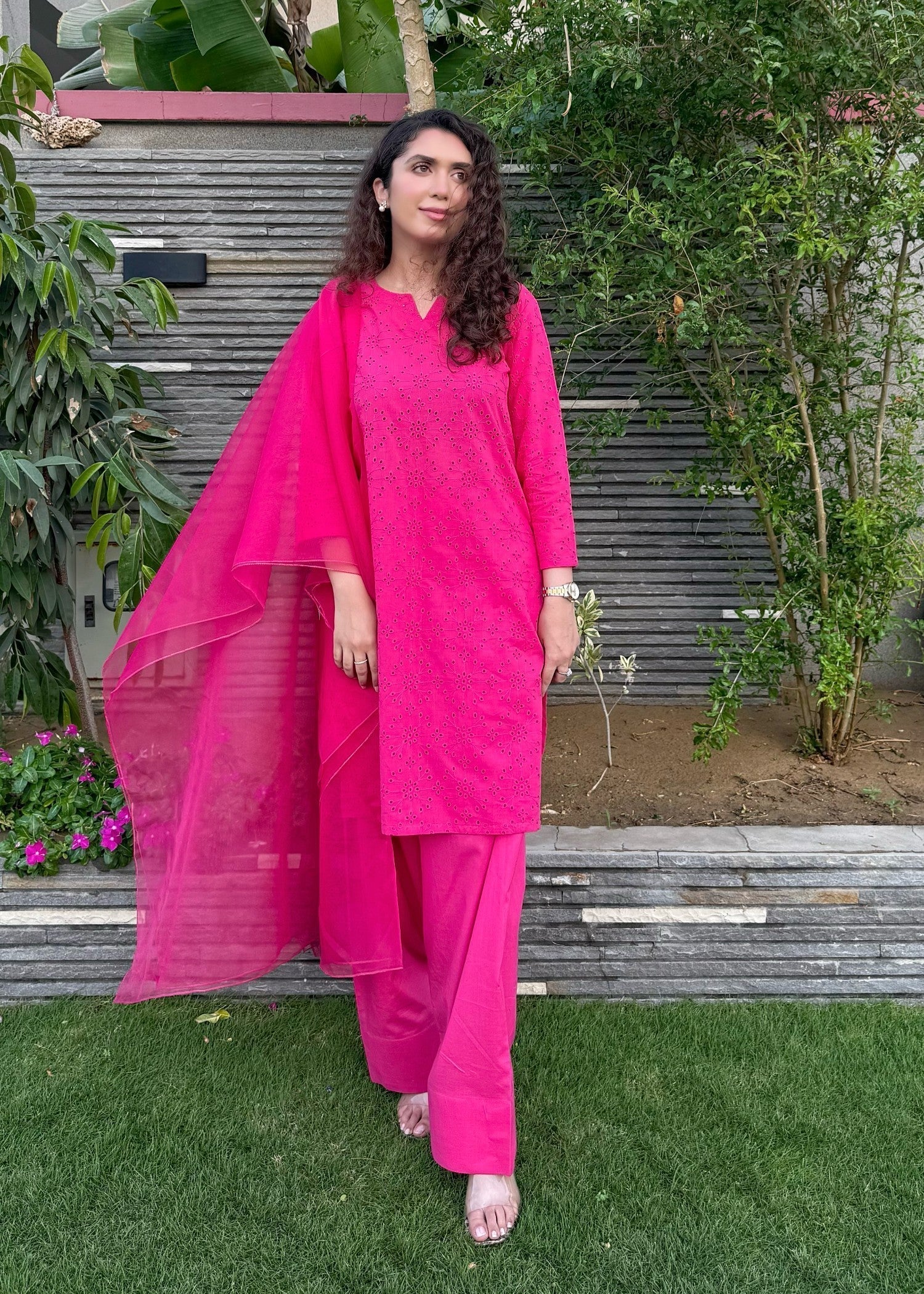 Naaz Couture Farshi Chikankari Shalwar Kameez Fuscia Pink Women 3pcs