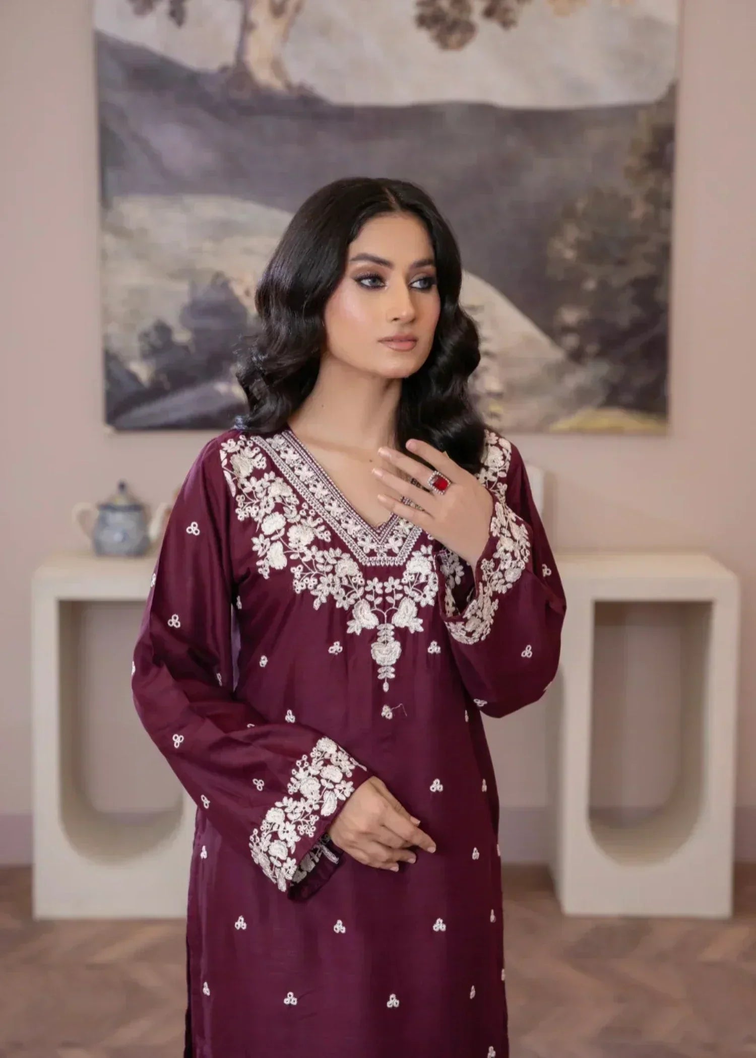 Sajfi Closet Rose Plum Embroidered Stitched Women 2pcs