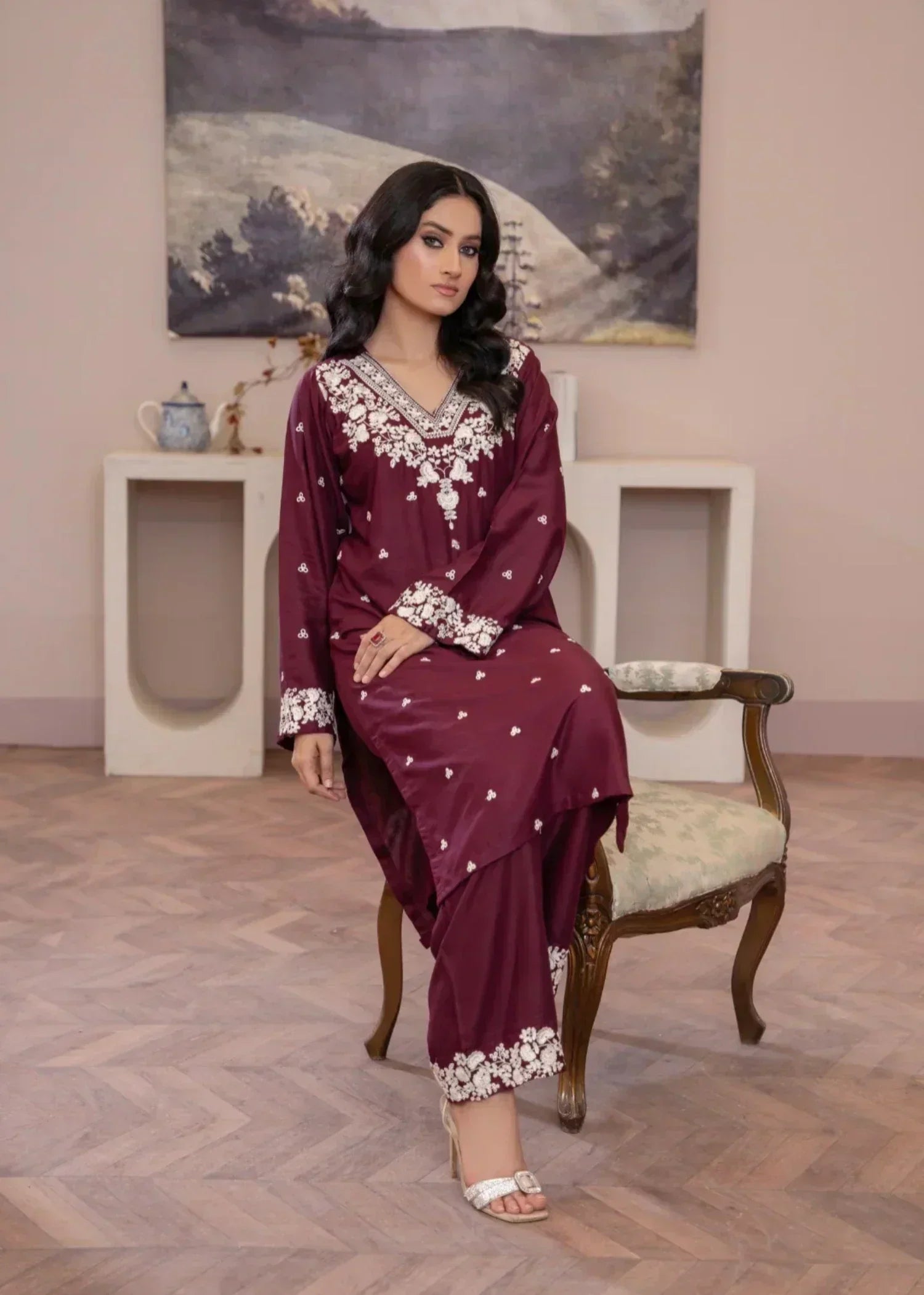 Sajfi Closet Rose Plum Embroidered Stitched Women 2pcs