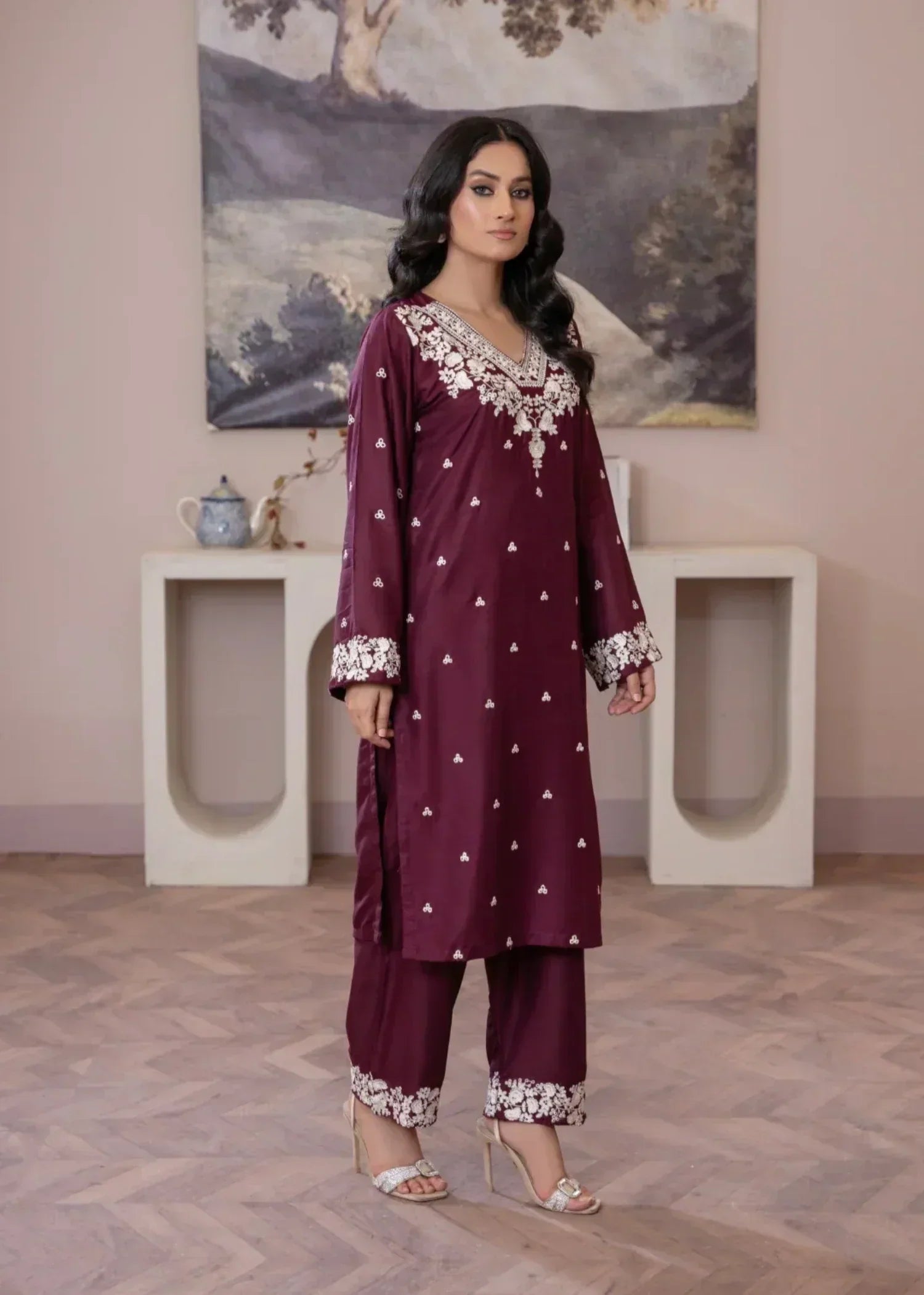 Sajfi Closet Rose Plum Embroidered Stitched Women 2pcs